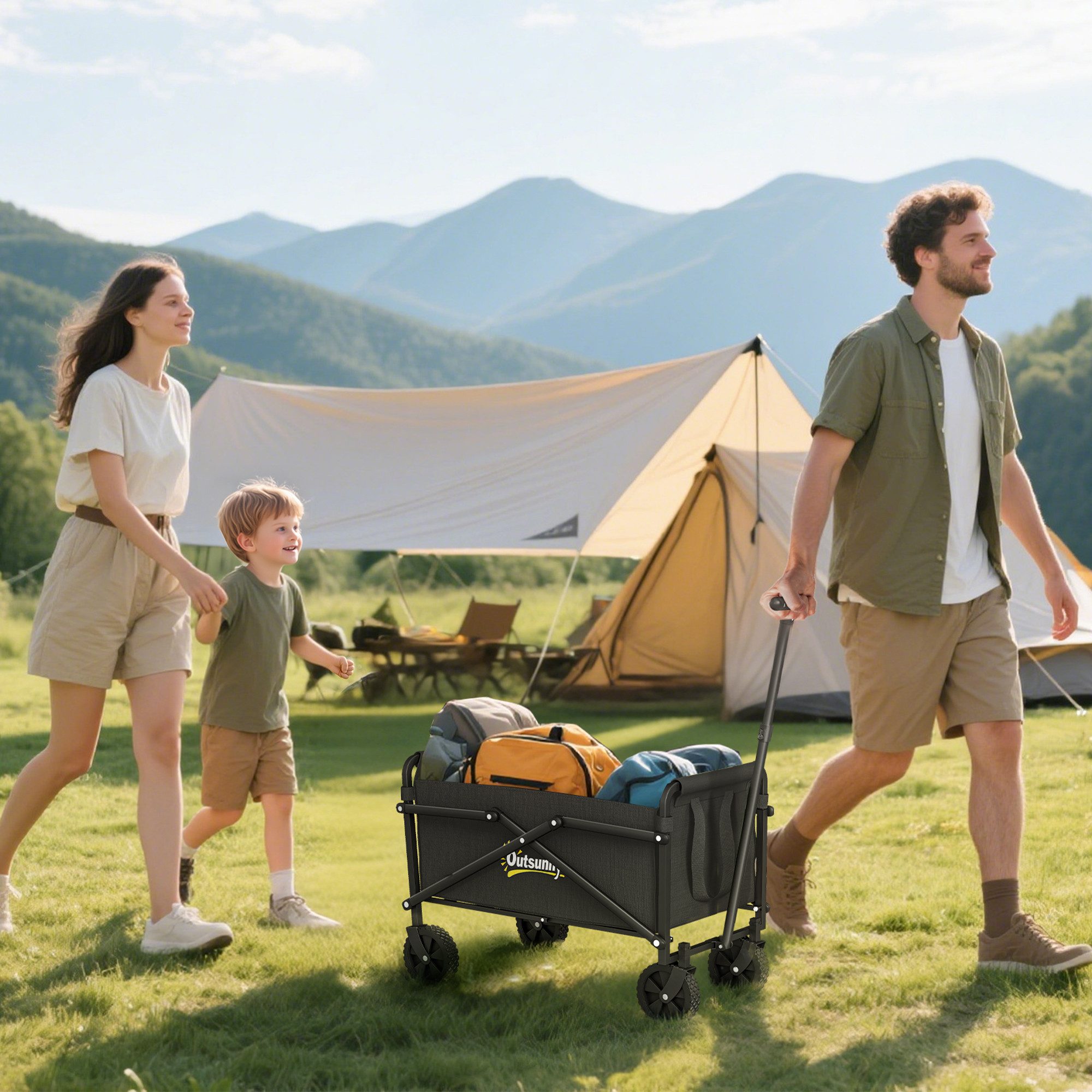Outsunny Fahrradlastenanhänger faltbarer Bollerwagen 360° Gartenwagen mit verstellbarem Griff, bis 60 kg Tragkraft, für Sport, Einkauf, Camping, Schwarz
