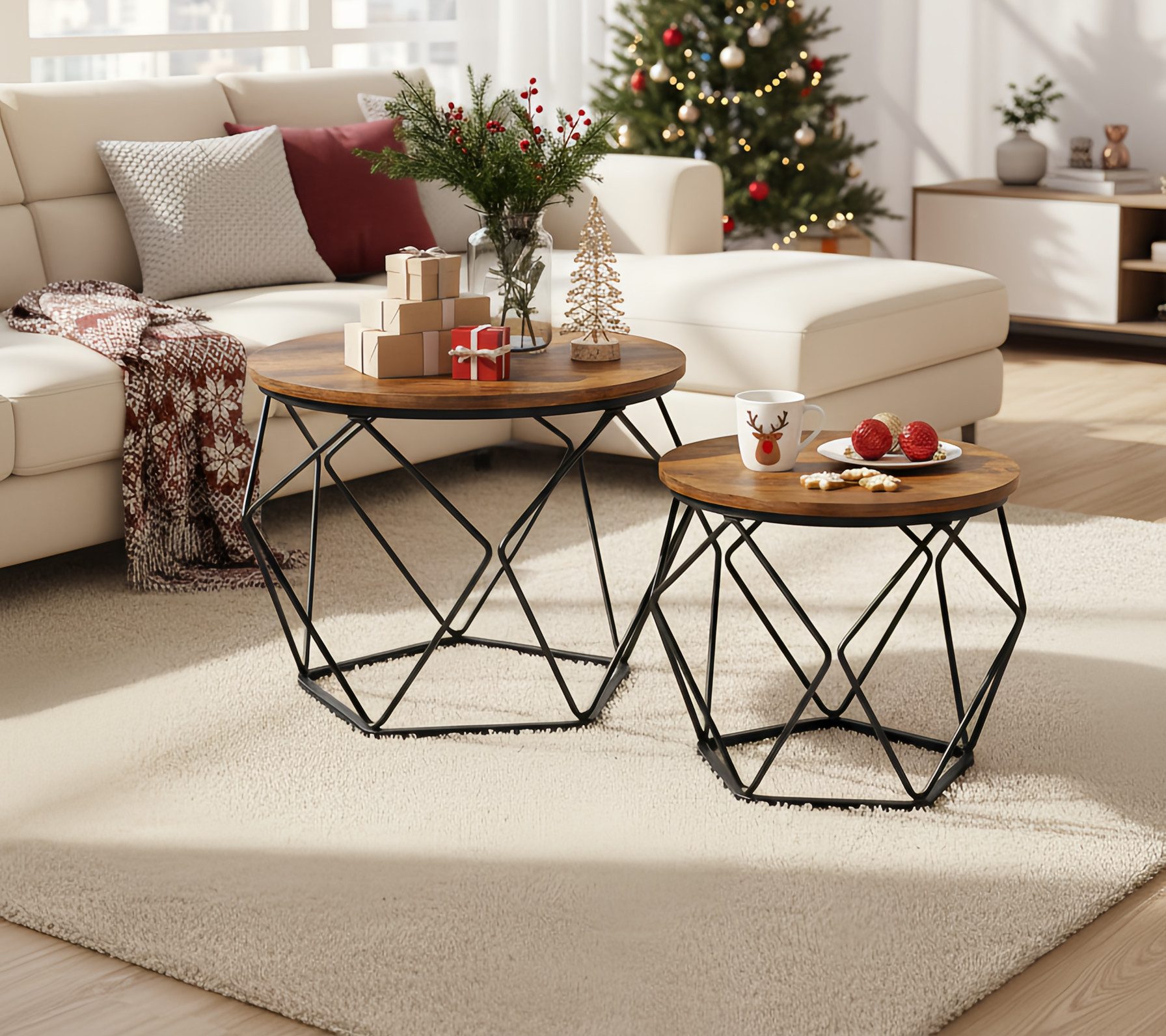 VASAGLE Couchtisch (2er Set), Beistelltisch, abnehmbare Tischplatte, Ø50x40cm+Ø40x36cm