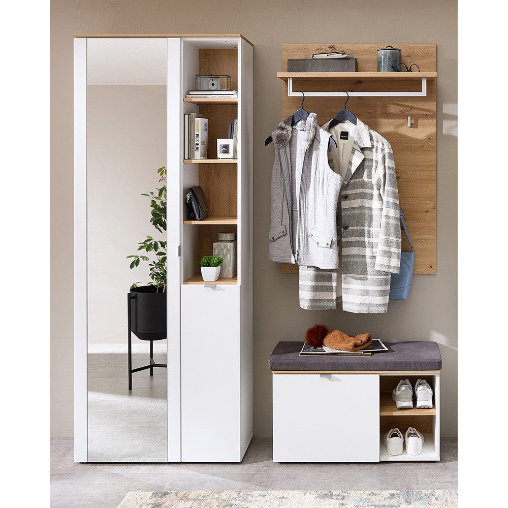 Lomadox Garderoben-Set BLISS-36, (Spar-Set, 3-St), Garderobe modern weiß matt Eiche mit Garderobenschrank