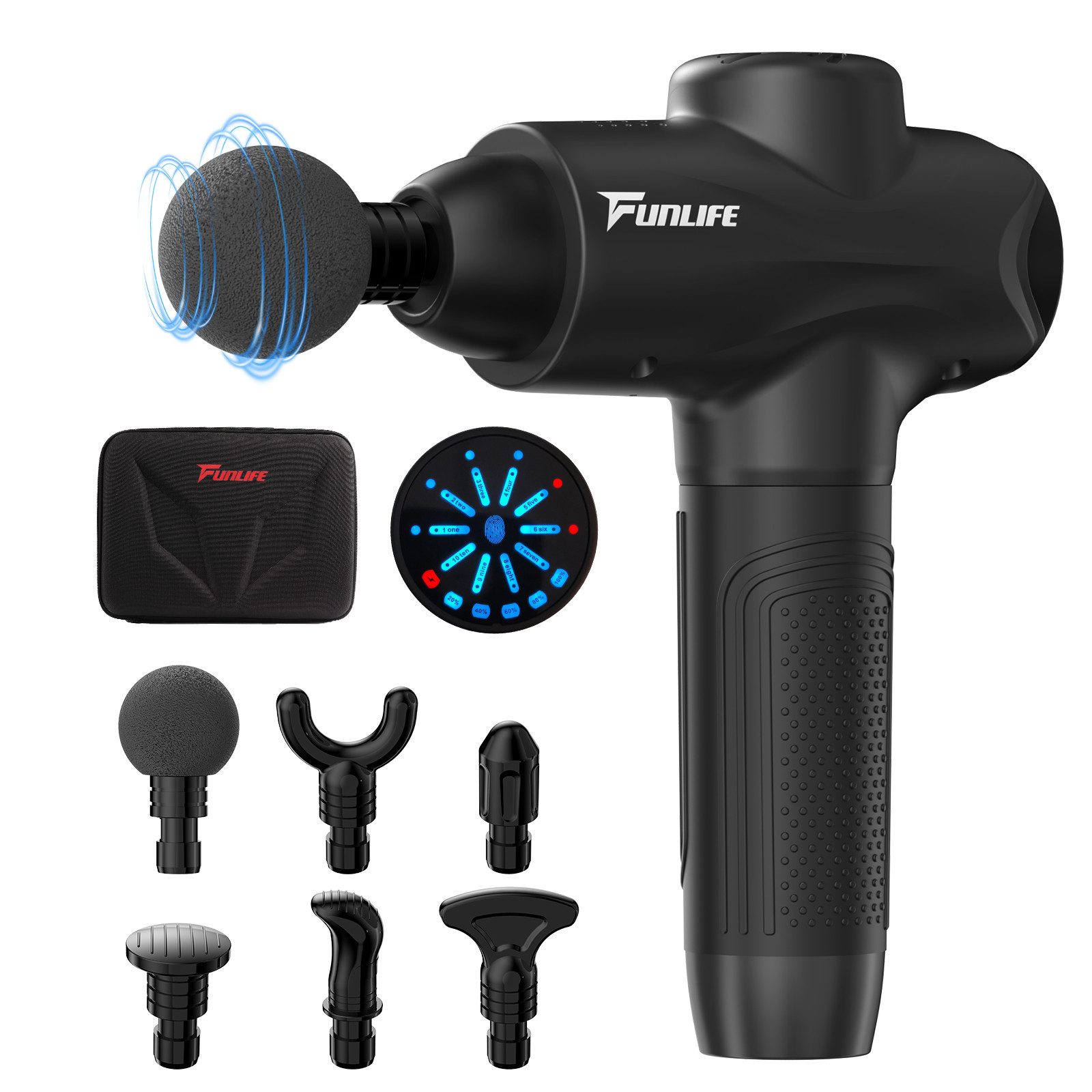 FunLife Massagepistole Funlife M6, Massagepistole Set, Komplett-Set: 6 Aufsätze, Tasche & Geschenkverpackung, 10 Stufen, 6 Aufsätze, USB-C, leise & ergonomisch