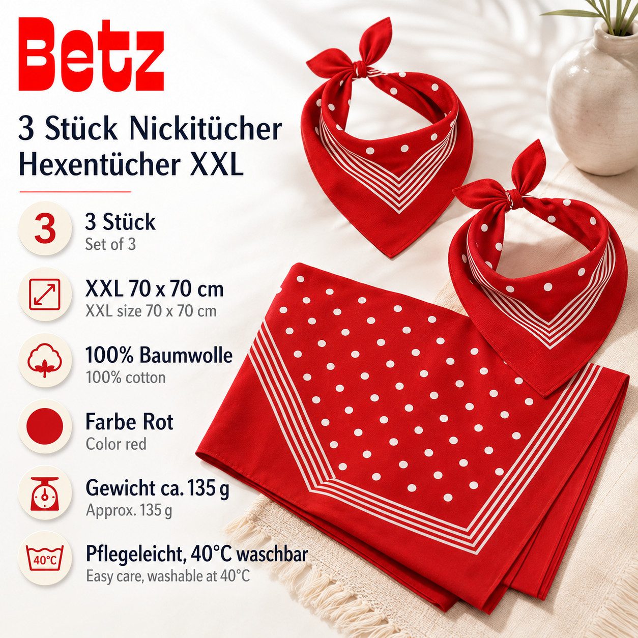 Betz Halstuch 3 Stück Nickitücher Hexentücher XXL Größe 70x70 cm Bandana Kopftuch, (Set, 3-St), Halstuch Trachtentuch 100% Baumwolle Punkte Farbe rot – Bild 5 von 5