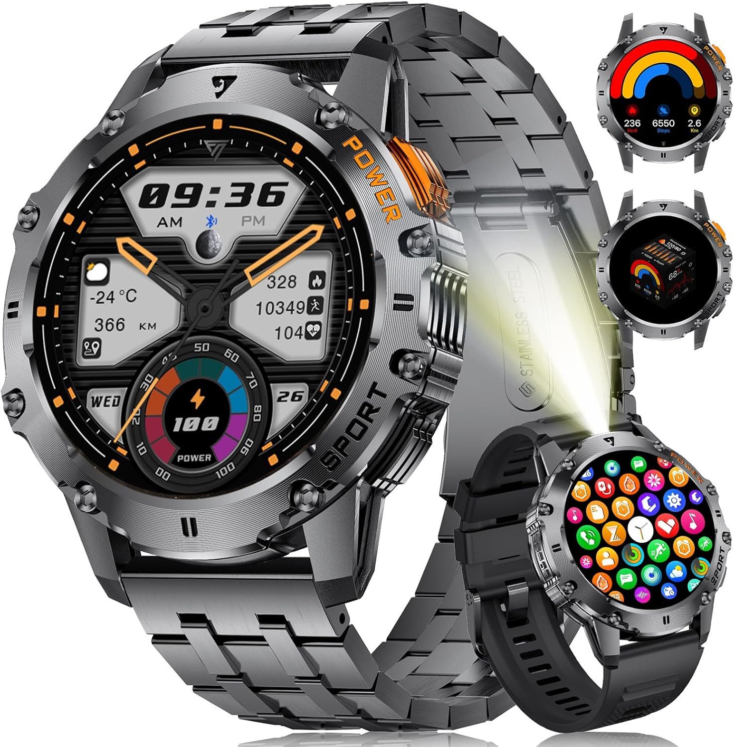 ESFOE EF8-C Smartwatch (3,6 cm, android ios), Militär Smartwatch mit LED Licht AMOLED Display und 110 Sportmodi
