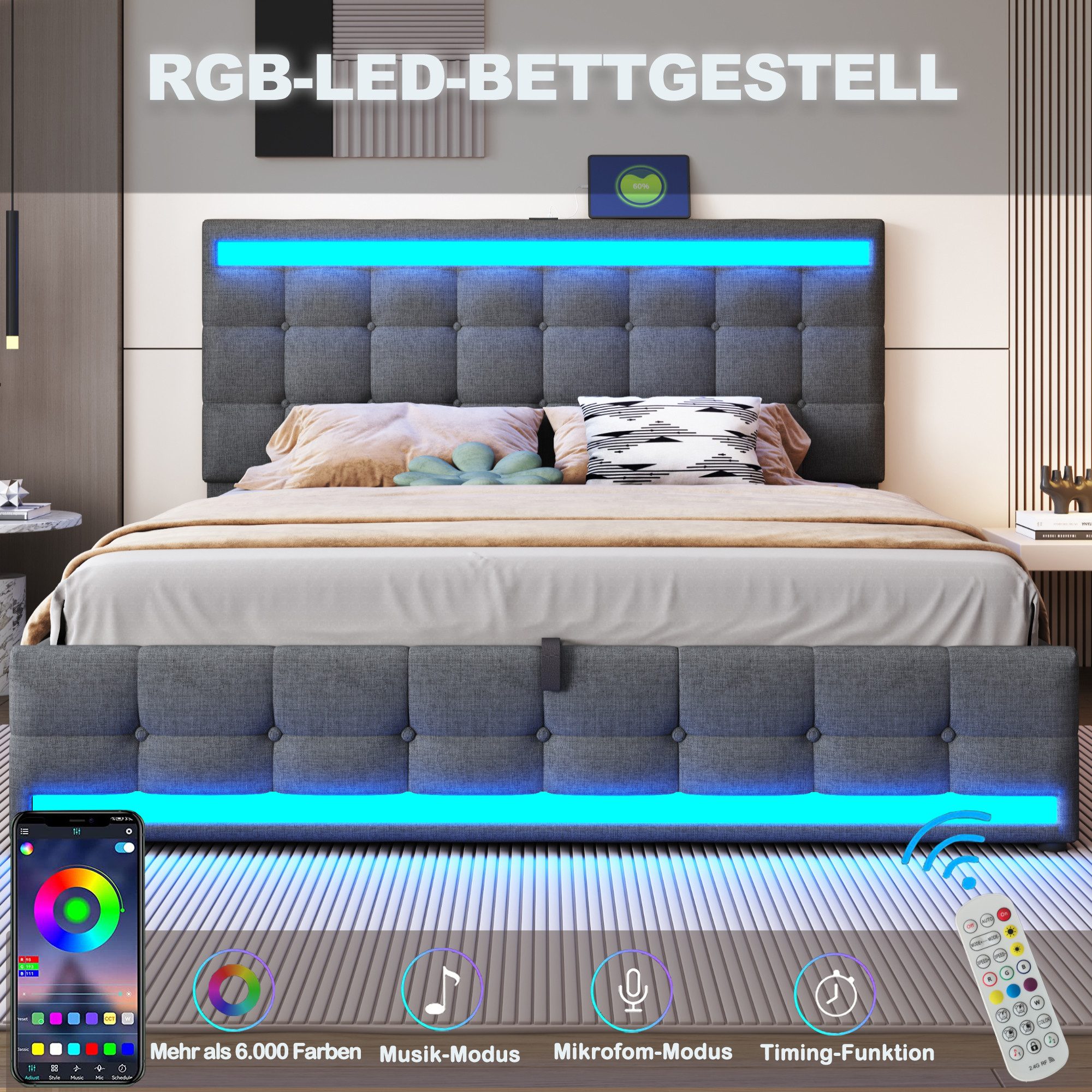 REDOM Polsterbett mit USB-Anschlüssen, RGB-LED-Licht und hydraulischem Stau günstig online kaufen