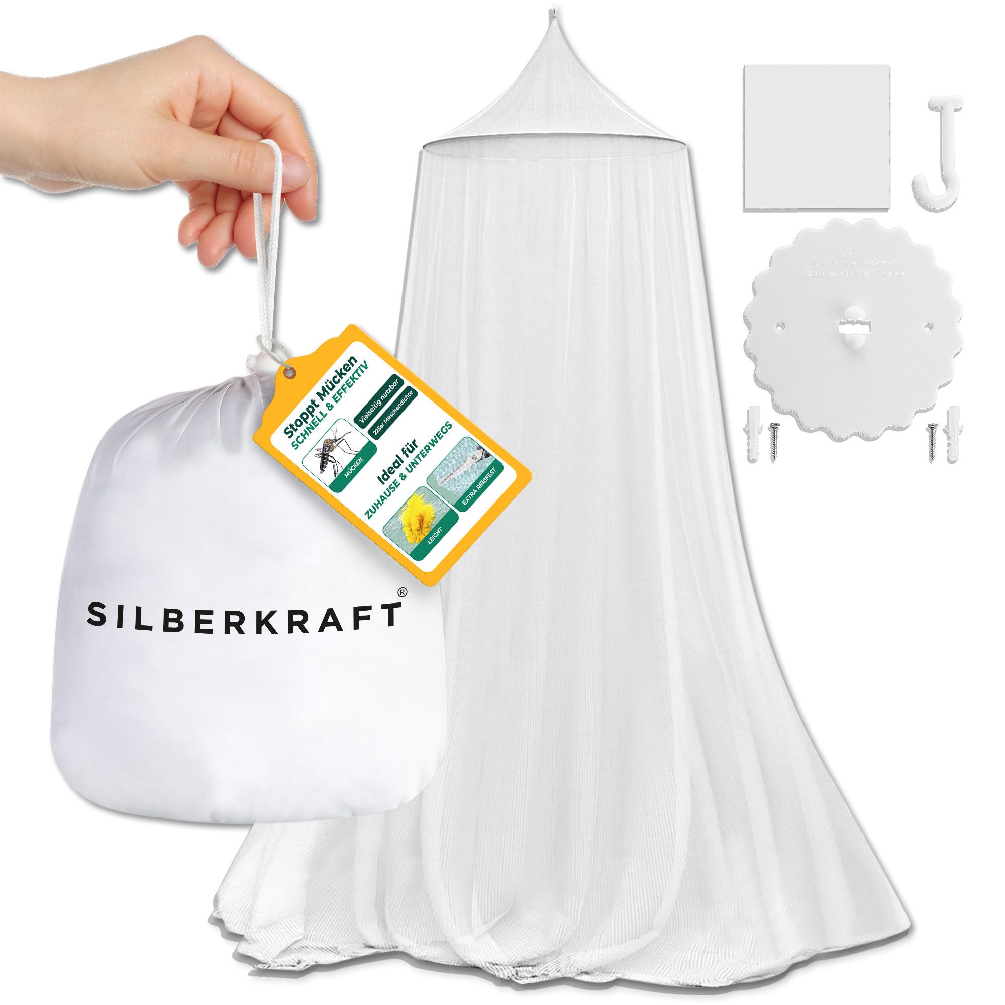 Silberkraft Betthimmel Moskitonetz mit Klebehaken fürs Bett, Reisen, Outdoor und Camping (1-tlg), Mit Klebehaken - kein Bohren nötig; mit Tragebeutel und Reisverschluss