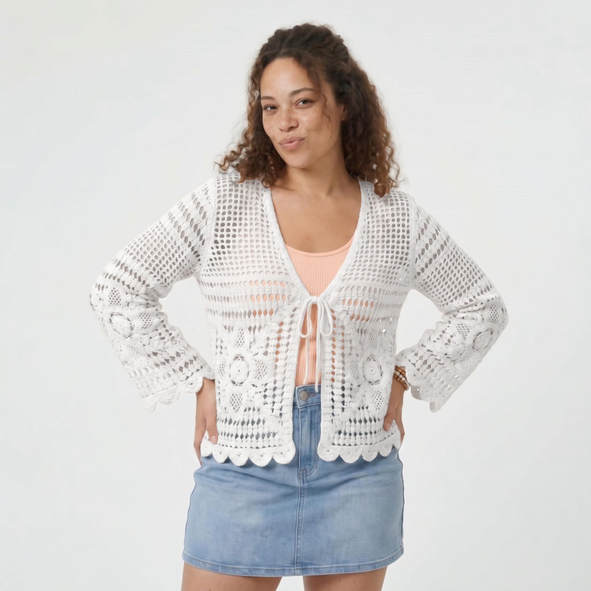 OriginalYou Strickjacke Cardigan leichte Sommerjacken Damen mit Schnürung Häkeljacke modernes Häkelmuster, weiter Ärmelabschluss, Gr. 42-46, mit Bindeband