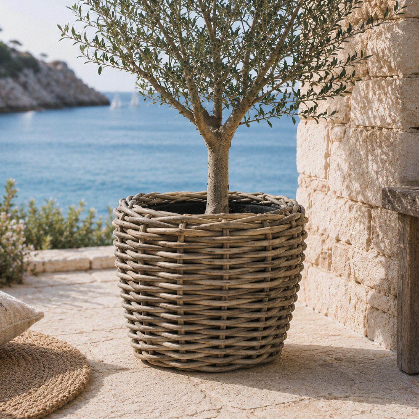 Van der Leeden Blumentopf Pflanzkorb 57x43cm Rattan Sylter Korb Drypot 60L (Stück, 1 St., Packung), Indoor & Outdoor, Rattan, 60 L, Naturprodukt, incl. Kunststoffeimer