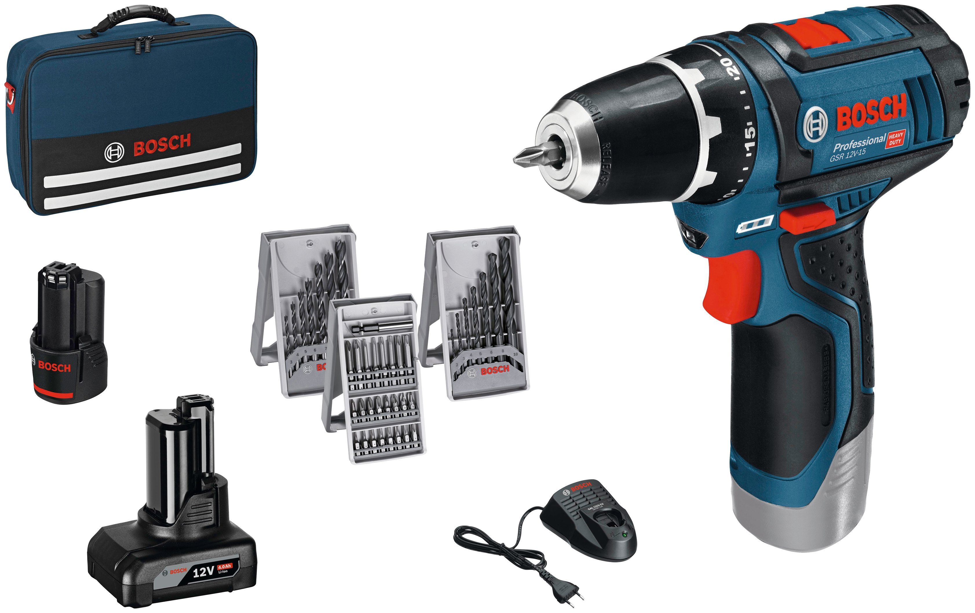 Bosch Professional Akku-Bohrschrauber GSR 12V-15, max. 1300 U/min, (Set),  inkl. 2 Akkus, Ladegerät und Tasche, Kompakt: Kurze Kopflänge von 189 mm  für optimale Handhabung