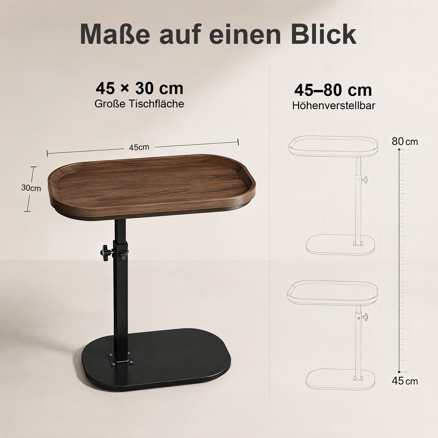 AIMAX Beistelltisch Sofatisch C Form Höhenverstellbar 360° Drehbarer Beistelltisch 45*30CM (Modern Mobiler Kaffeetisch Holz Couchtisch Side Table Nachttisch, 1- – Bild 4 von 5