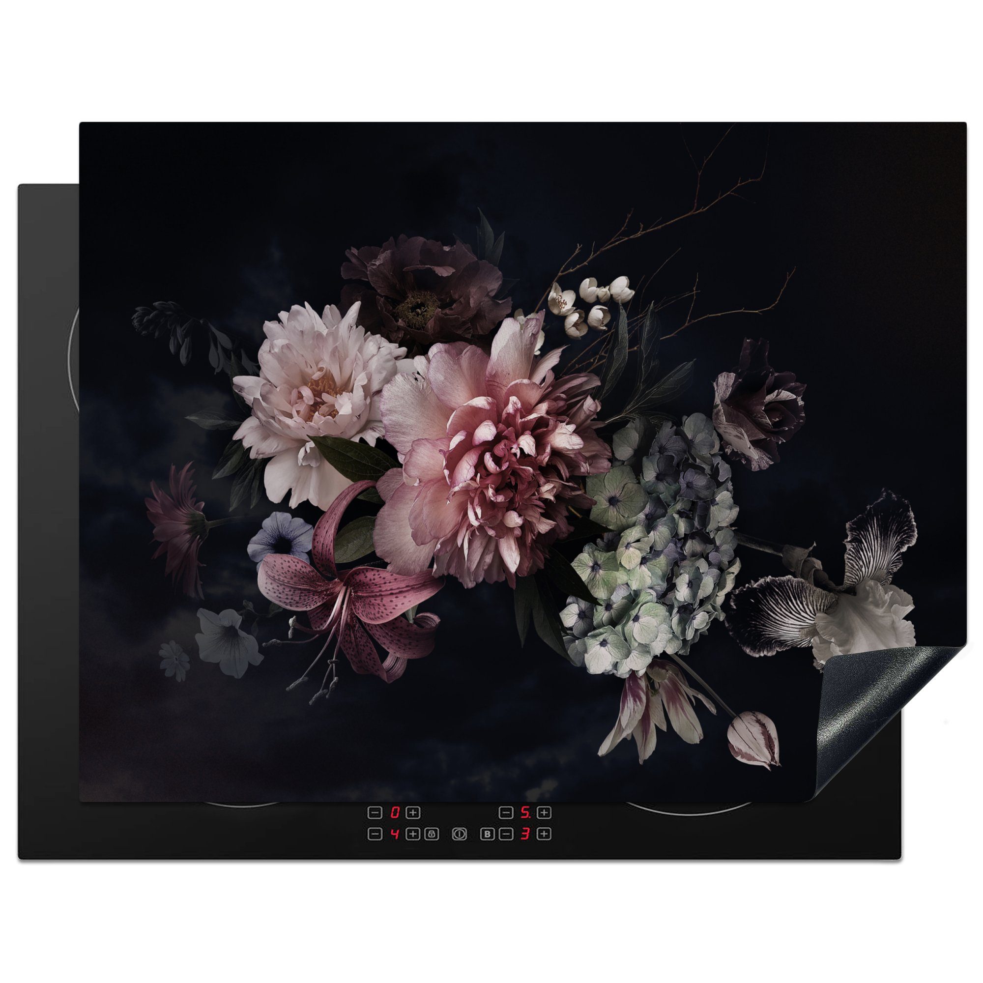 tlg), Schwarz Pastell Vinyl, küche cm, - Blumenstrauß, - Vintage MuchoWow (1 Ceranfeldabdeckung, - für - Arbeitsplatte Blumen Herdblende-/Abdeckplatte 77x59