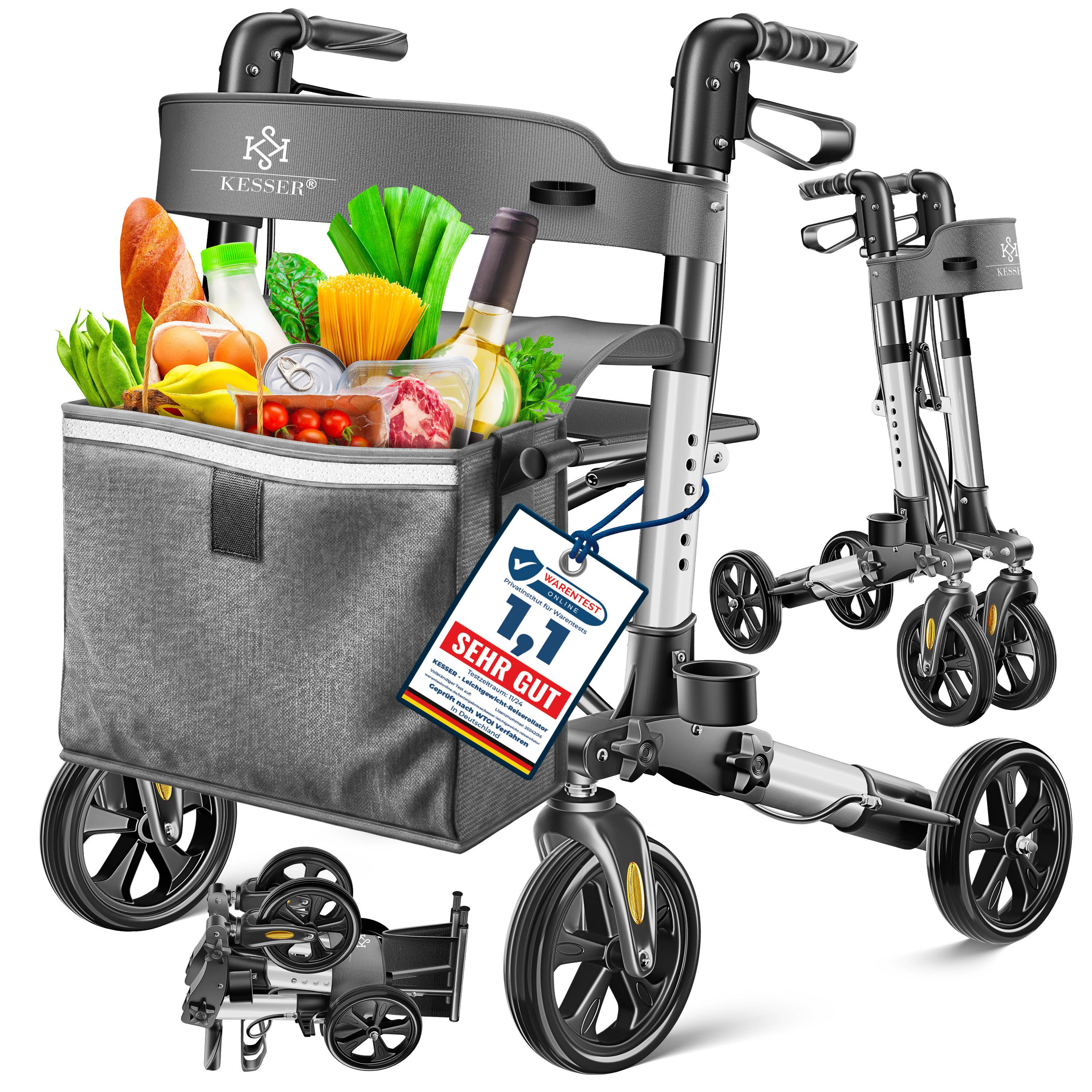 KESSER Rollator Aluminium – faltbar, höhenverstellbar & bis 136 kg belastbar, wetterbeständig, Tasche, Stockhalter, Reflektoren, 360° Gelände Reifen