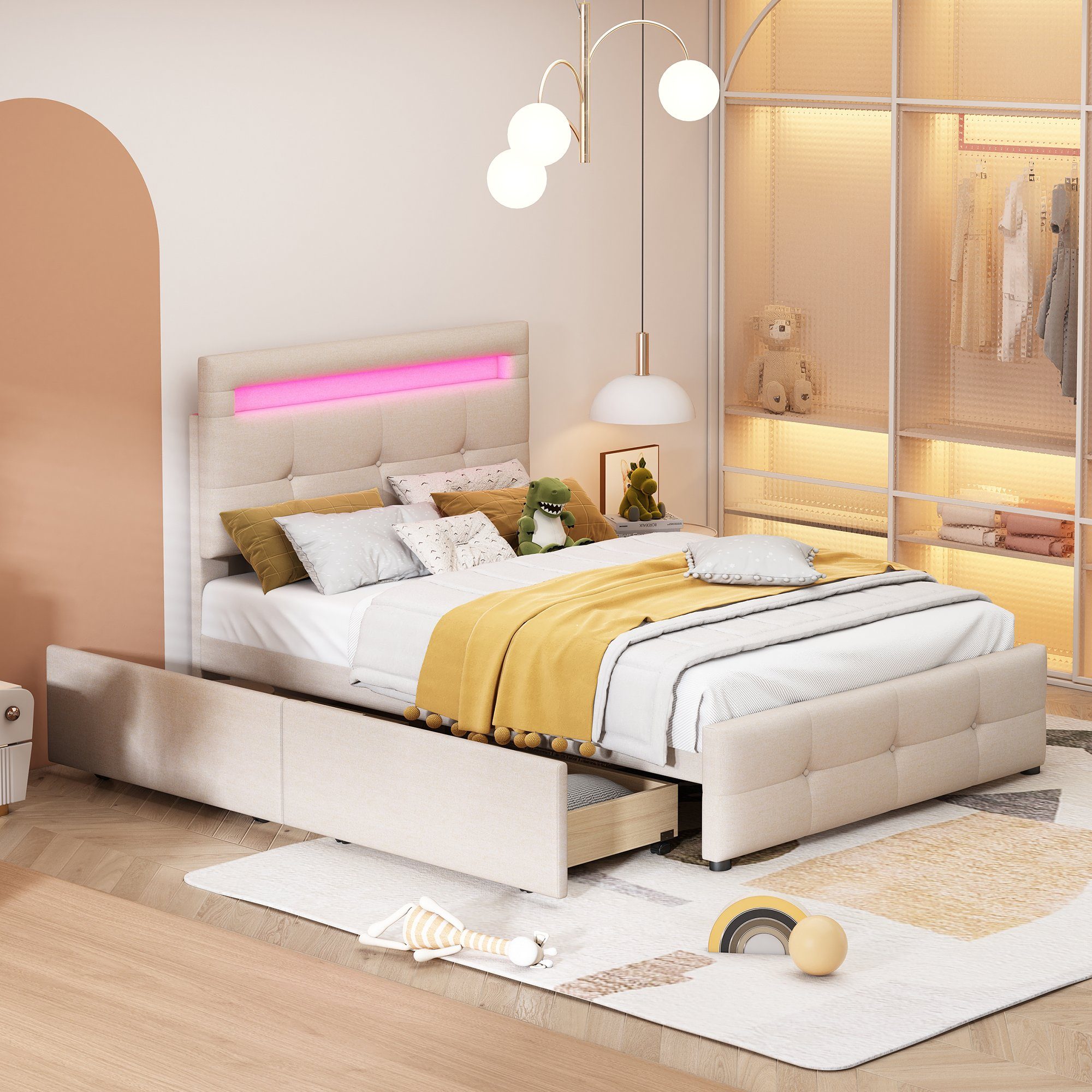 Odikalo Stauraumbett Polsterbett Kinderbett 16LED 2 Schubladen Beige/Grau/R günstig online kaufen