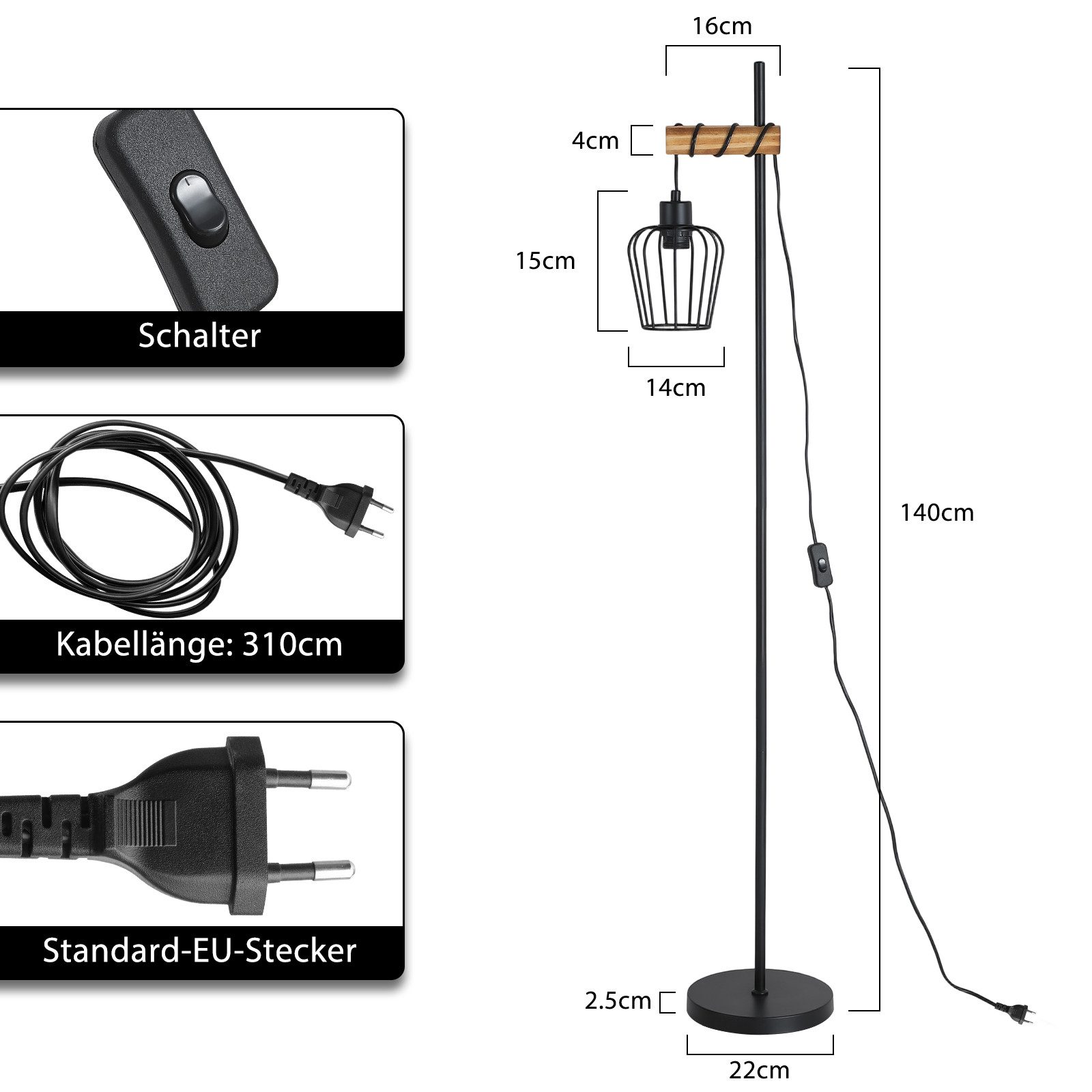 Nettlife Stehlampe Wohnzimmer Holz E27 Stehleuchte Vintage Schwarz Metall 152cm, mit Kippschalter, LED wechselbar, für Wohnzimmer, Schlafzimmer, Arbeitszimmer, Esszimmer