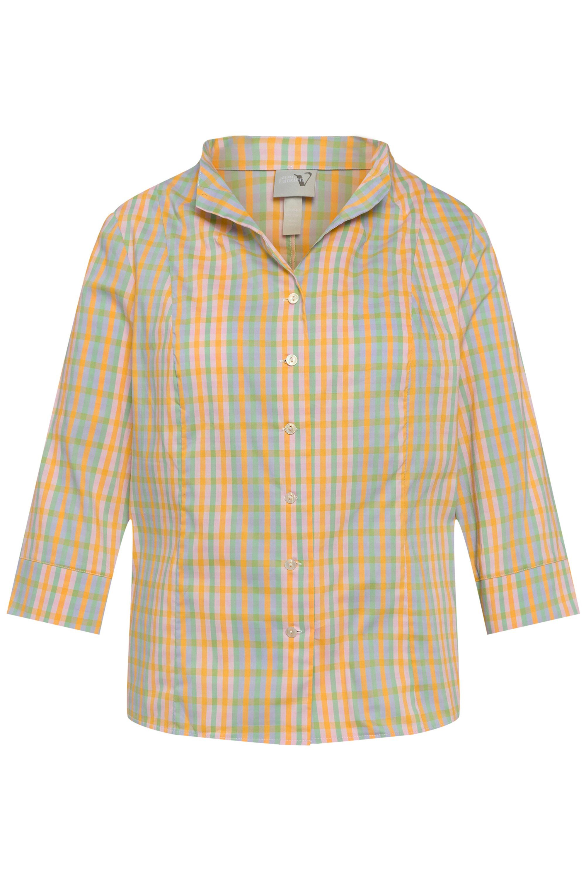 Ulla Popken Longbluse Bluse Karo Slim Kelchkragen V-Ausschnitt 3/4-Arm