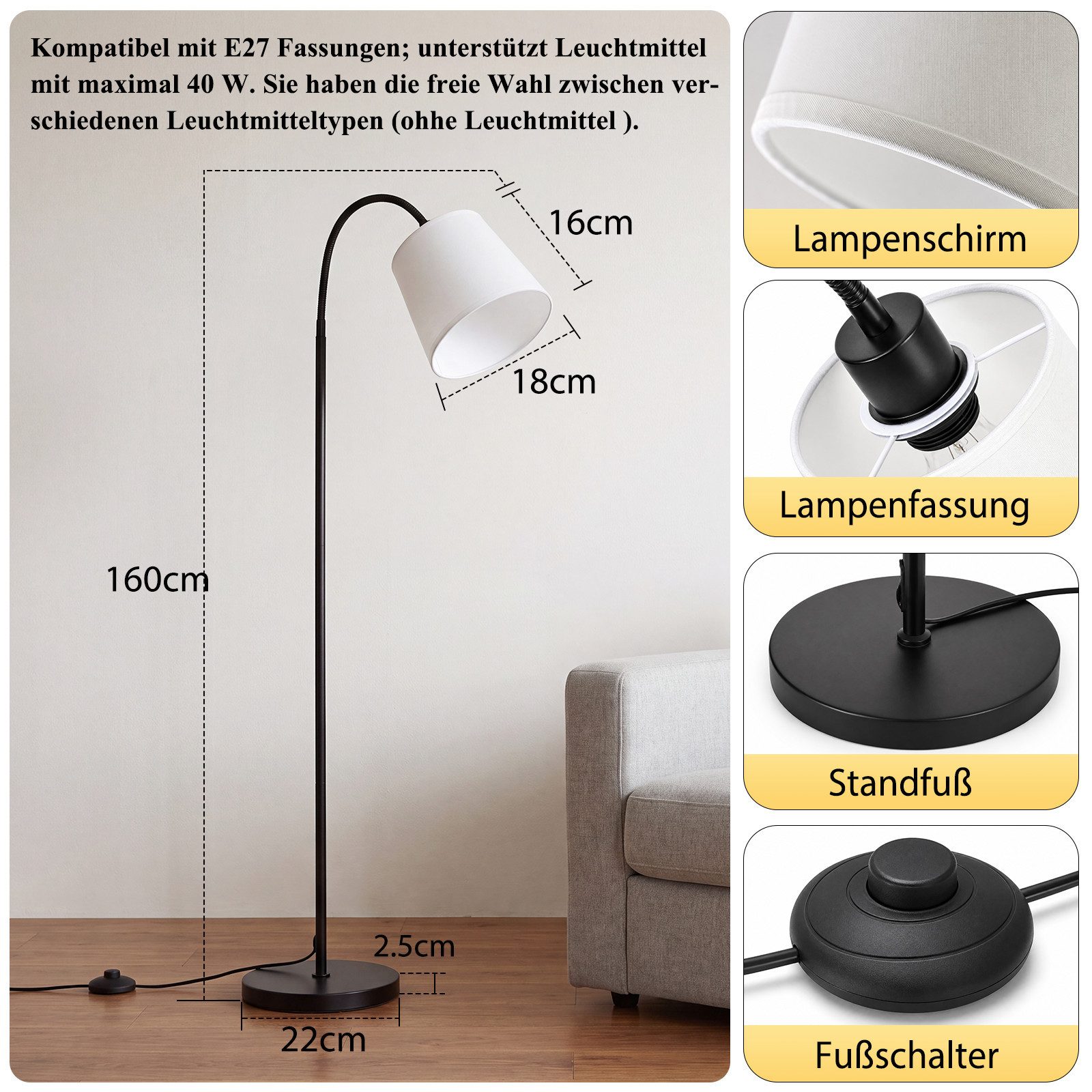 ZMH Stehlampe Stehlampe – 160 cm 360° drehbar beigefarbener Schirm moderner Stoff, ohne Leuchtmittel