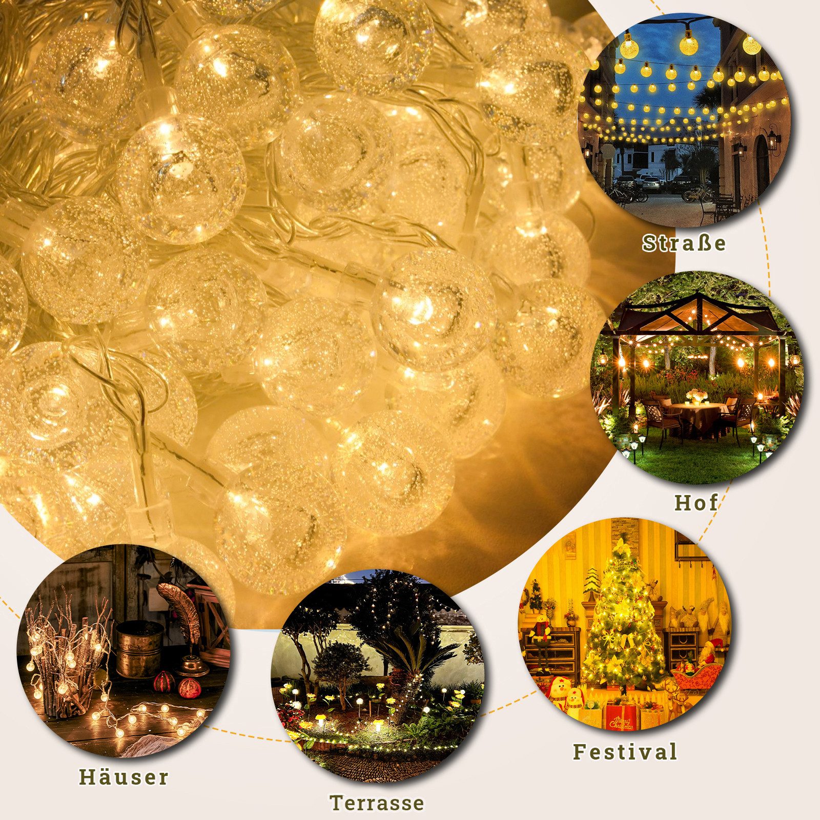 FIVMEN LED-Lichterkette Kugel Warmweiß Kristall Kugeln Lichterkette, 8 Modi Lichterkette für Garten, Terrasse, Party, Balkon Deko