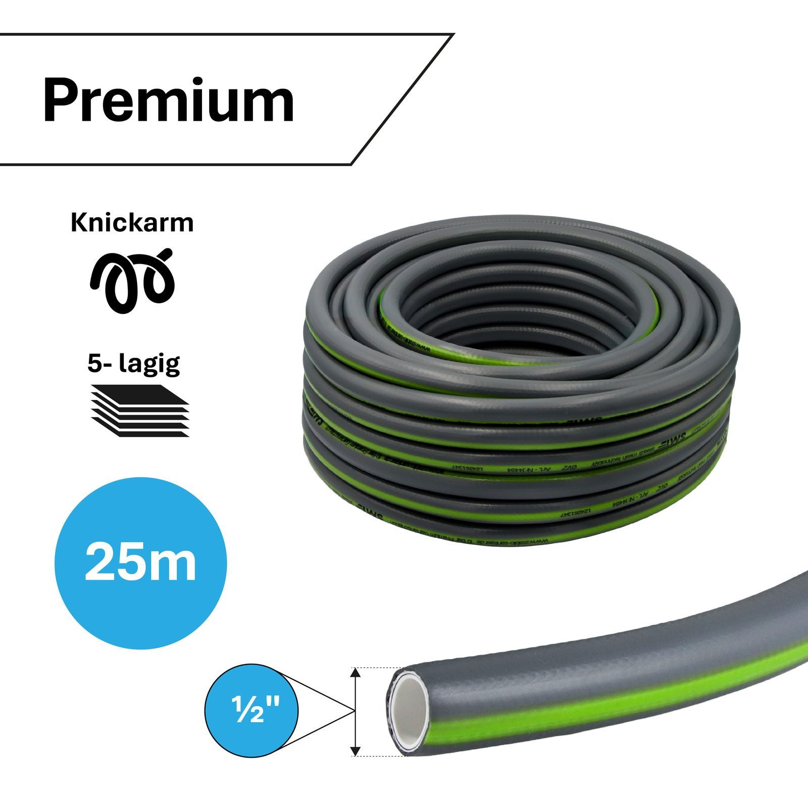APD Schlauchtechnik Gartenschlauch Gartenschlauch Grau 1/2 Zoll 25 m 5-lagig knickfest Premium