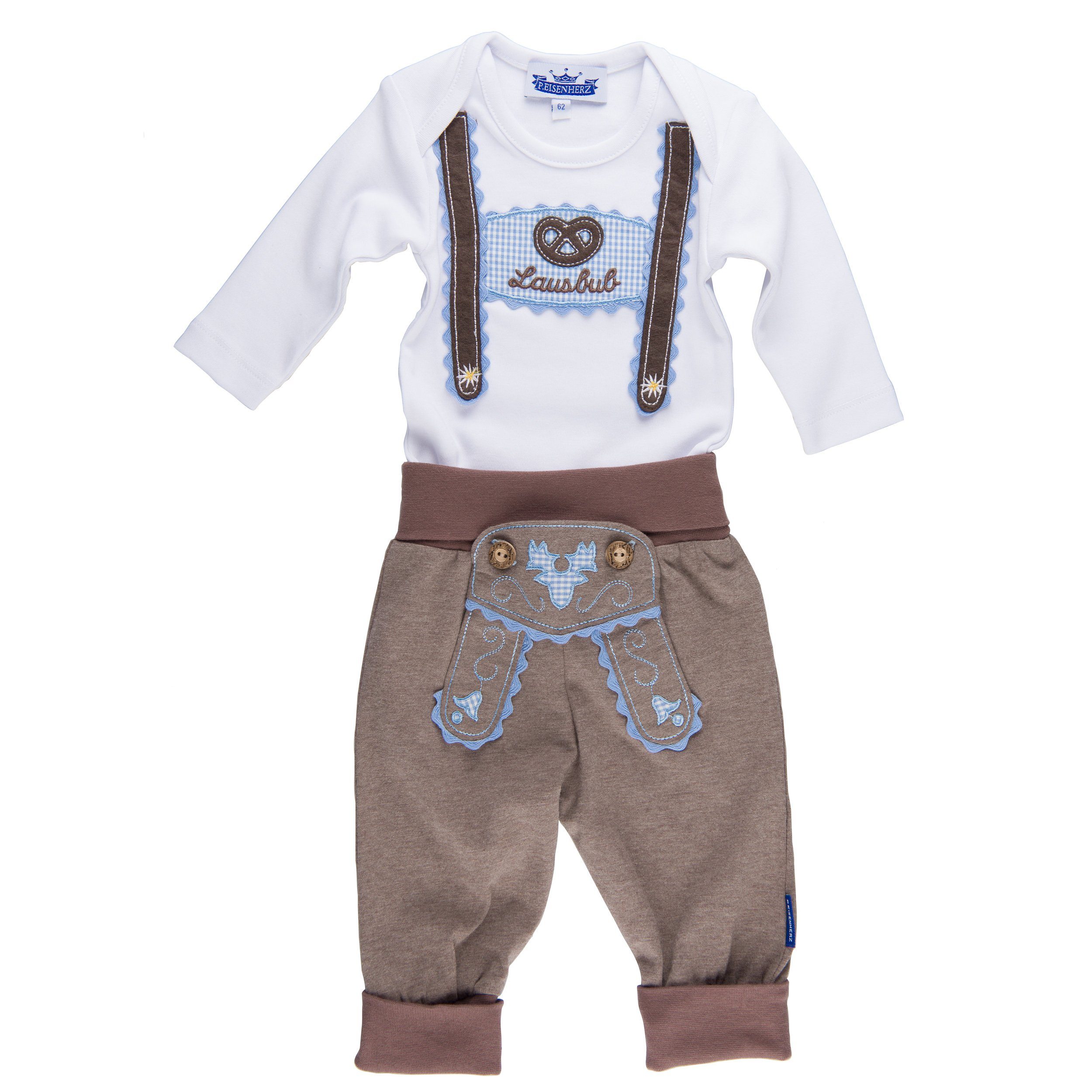 P.Eisenherz Body & Hose Trachten Set für Lausbuben im Geschenkkarton (2-tlg) Body mit appliziertem Hosenträger und Jogginghose im Lederhosen Look