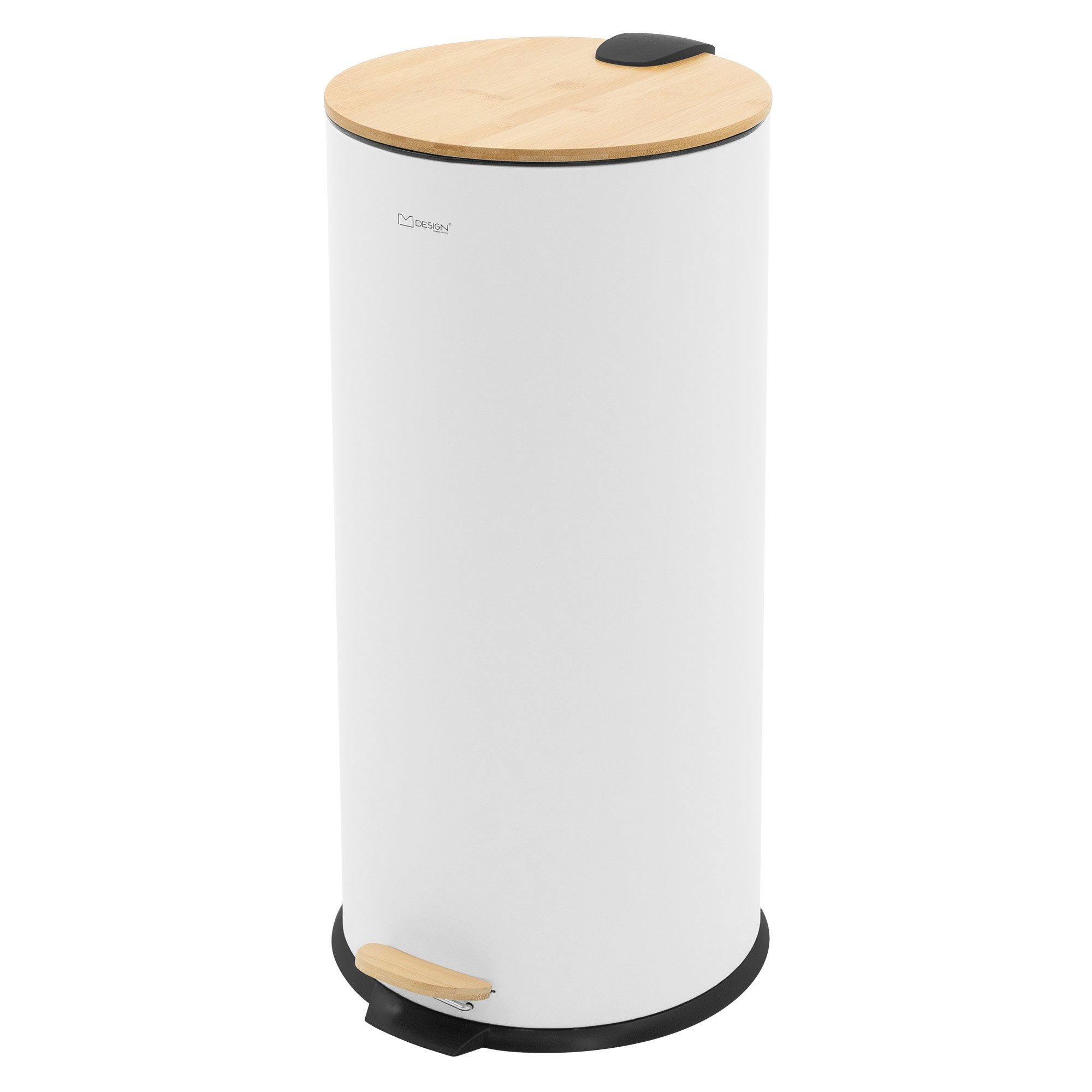 ML-DESIGN Mülleimer Treteimer Tretmülleimer Küchenmülleimer mit Fußpedal Softclose 62,5cm, Badeimer Abfalleimer 30L rund Weiß Stahl mit Inneneimer Bambusdeckel