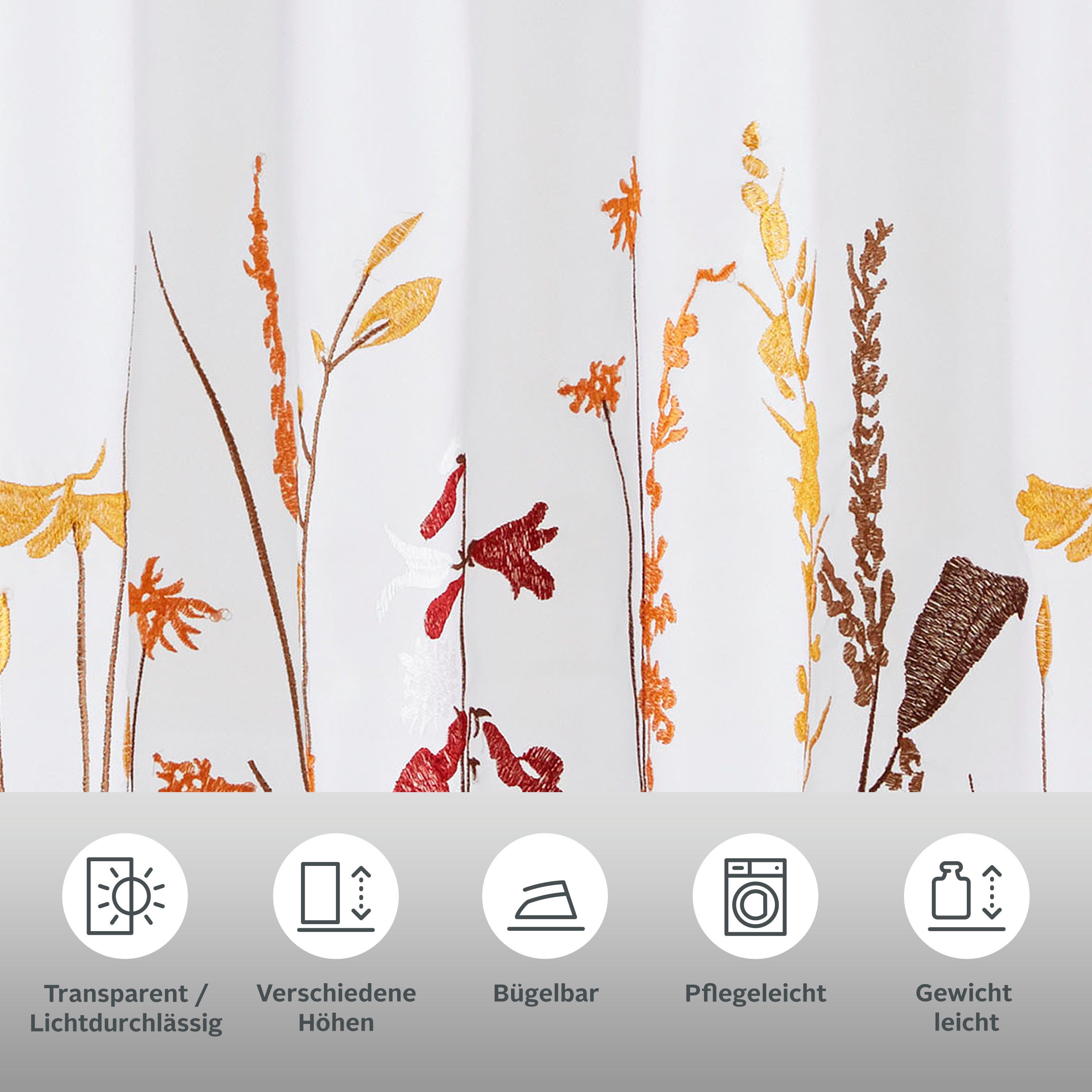 OTTO home Scheibengardine Bille (1 St), Durchzuglöcher, transparent, Voile, transparent, mit einseitiger Stickerei, waschbar, Blumen