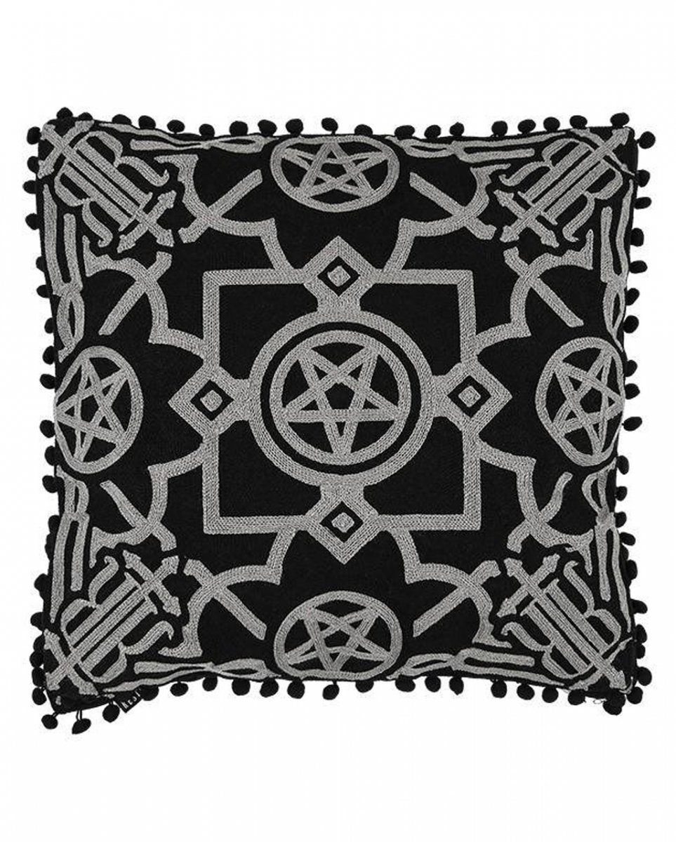 Tagesdecke Schwarzer Kissenbezug mit Grauer Pentagramm Sticke, Horror-Shop