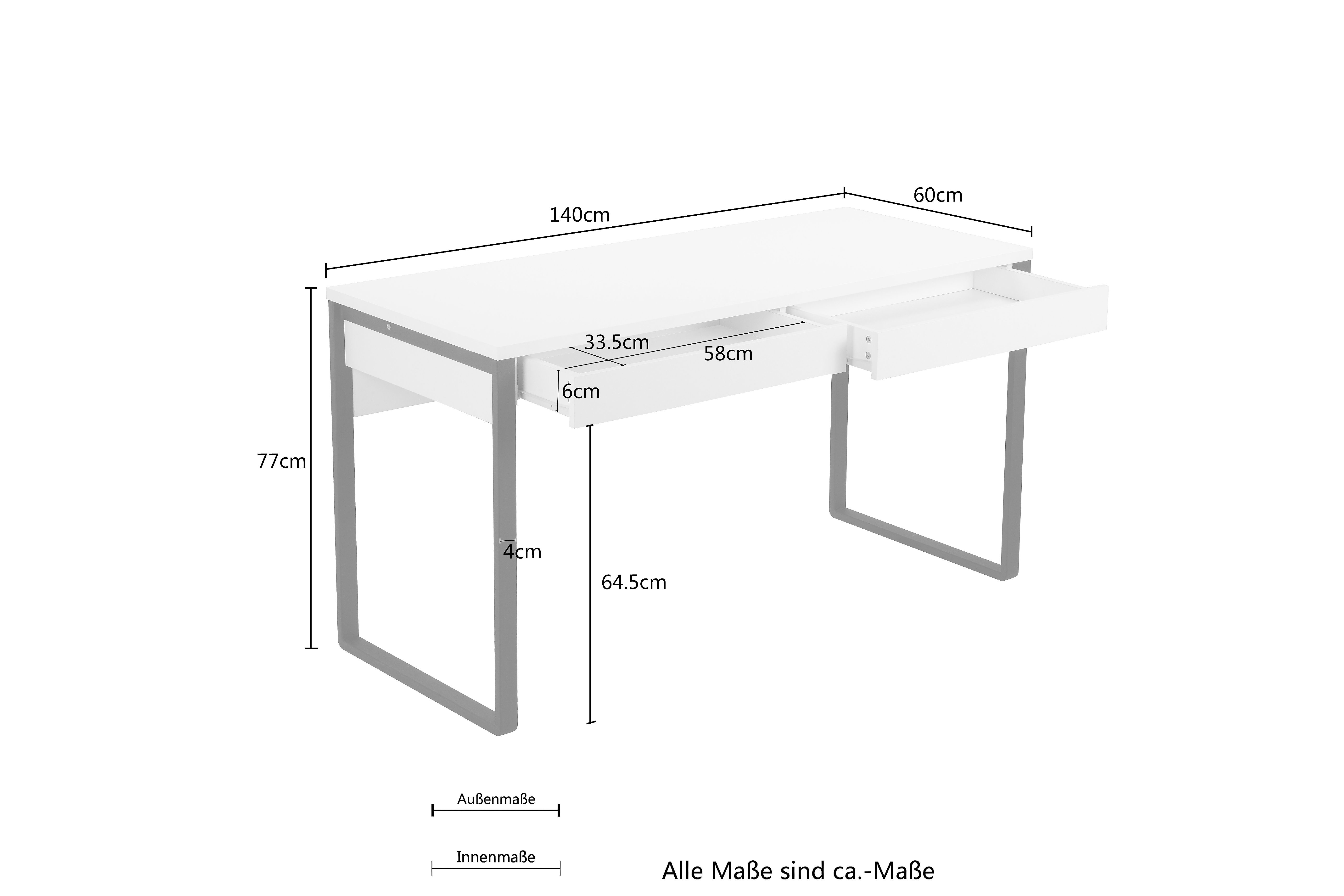 140 Breite weiß/schwarz im mit & Metallbeinen of Places Design, Computertisch Moid, modernen Style Schreibtisch 2 Schubladen cm,