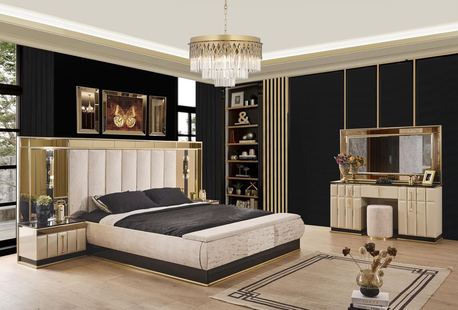 Schlafzimmer-Set Luxus Schlafzimmer Set 4 tlg Bett 2x Nachttisch Schminktisch Neu