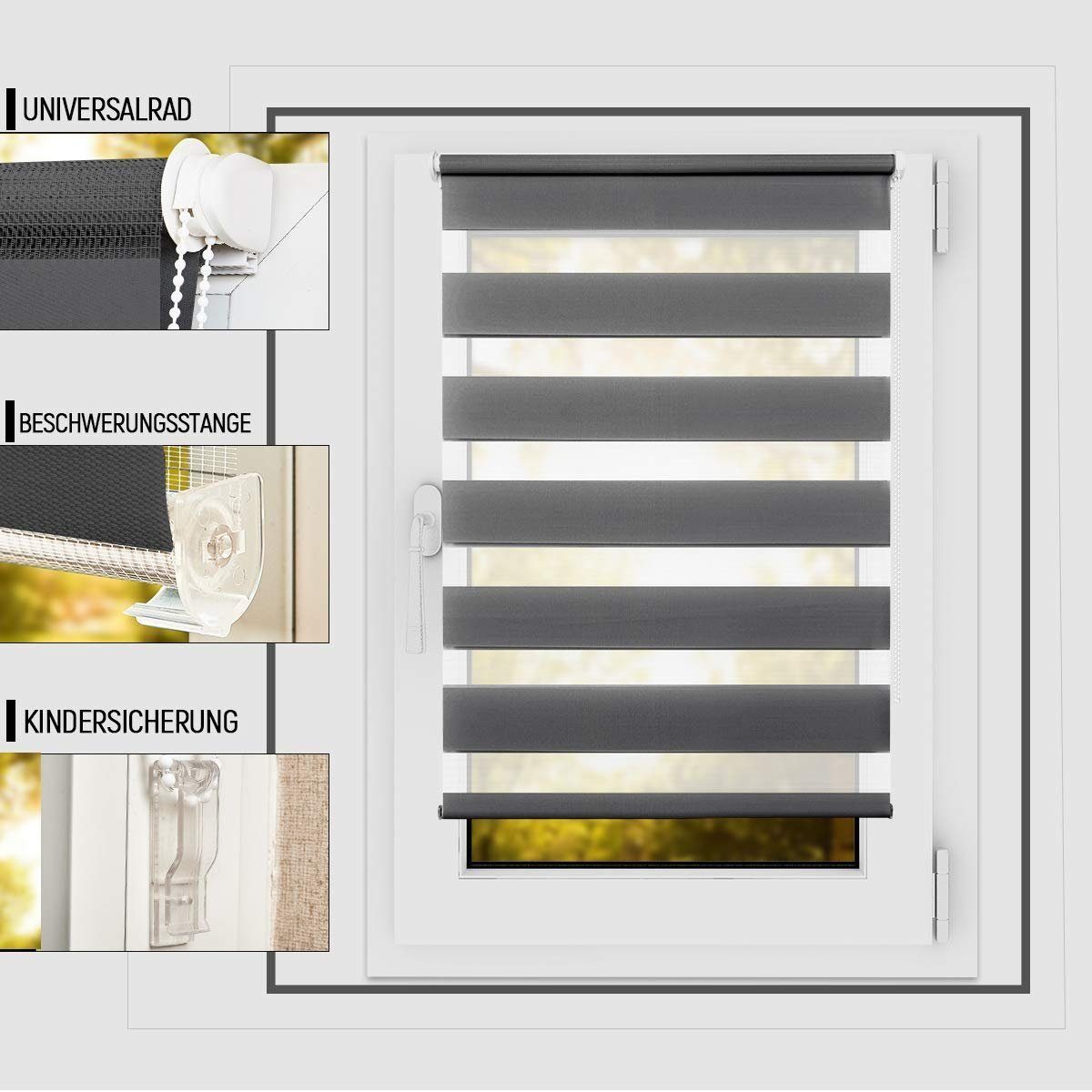 Doppelrollo Klemmfix ohne Bohre, OUBO, verdunkelnd, Fensterrollo Seitenzugrollo Blickdicht, Für Fenster und Tür mit Klämmträger lichtdurchlässig verdunkelnd