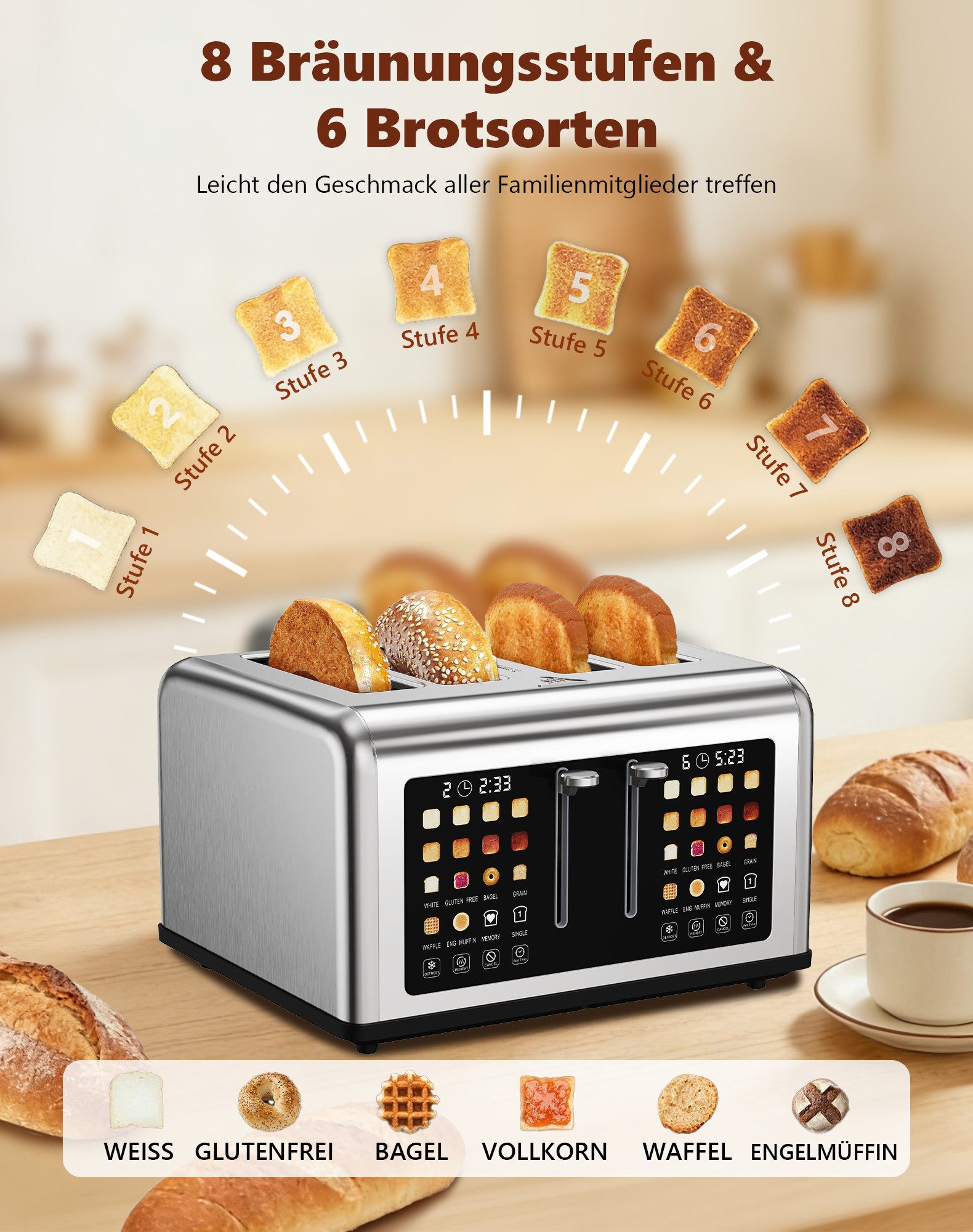 Fofile Toaster 2/4 Scheiben mit Abbruch-, Auftau- & Aufwärmfunktion, 4 kurze Schlitze, für 4 Scheiben, 1760 W, LED Anzeige, Berührungskontrolle, 8 Bräunungsstufen, 6 Brotsorten