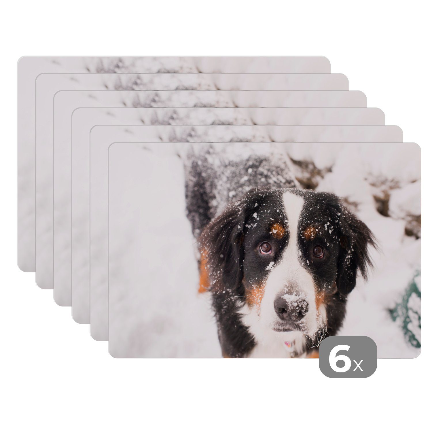 Platzset, Berner Sennenhund in einer verschneiten Landschaft, MuchoWow, (6-St), Platzset, Platzdecken, Platzmatte, Tischmatten, Schmutzabweisend
