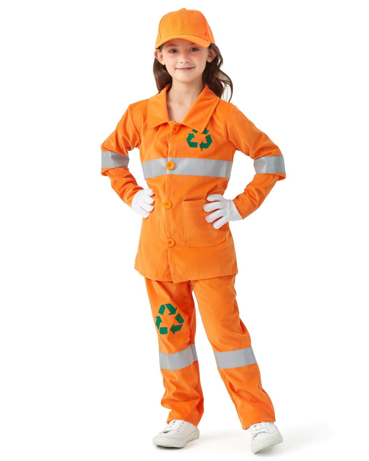 Corimori Kostüm Müllmann Müllfrau Kostüm, Set für Kinder, Orange mit Reflektorstreifen, Recycling-Symbol, Kappe und Handschuhe