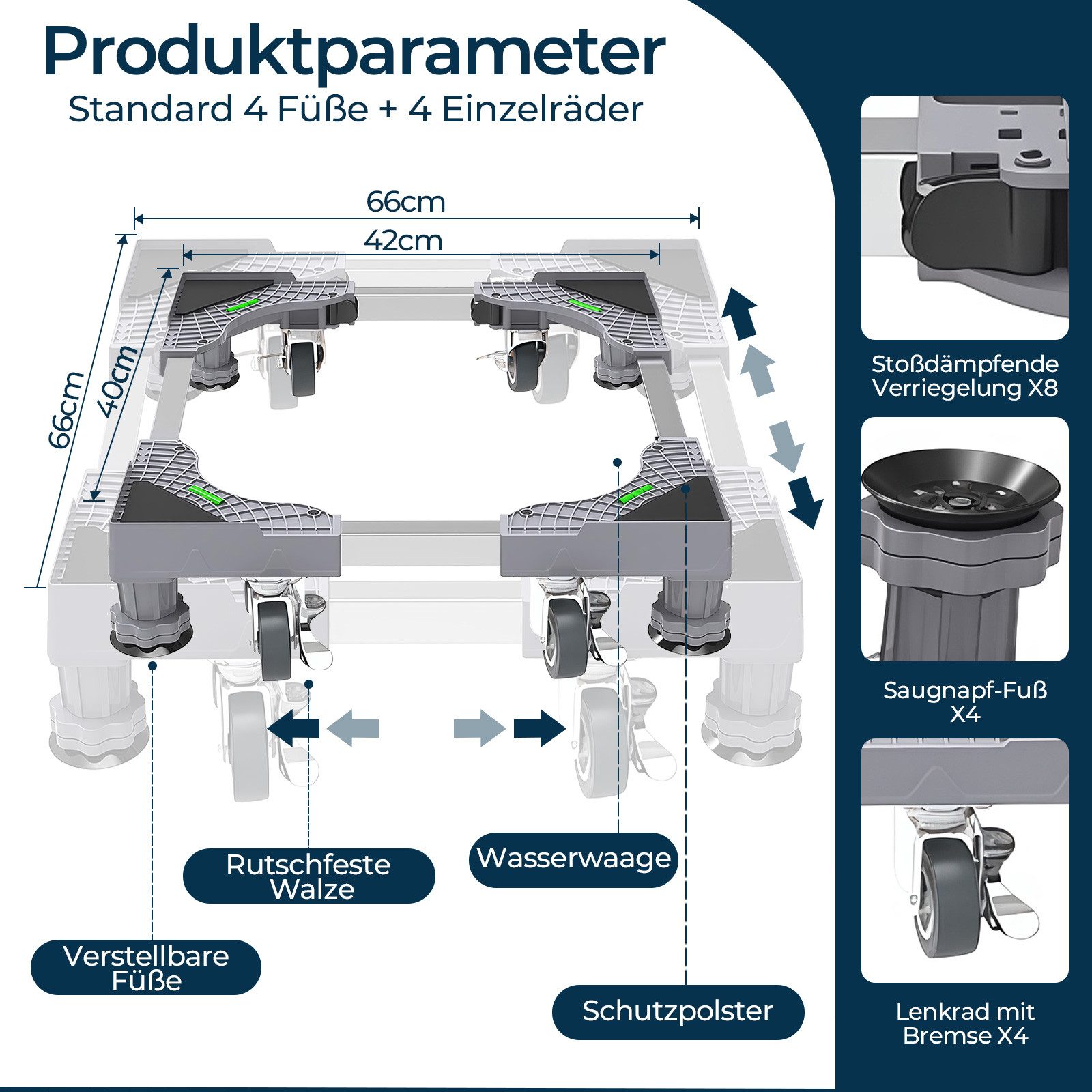 PFCTART Waschmaschinenuntergestell Waschmaschine Untergestell mit Rollen – 300 kg, verstellbar, Zubehör für Waschmaschine, Kühlschrank & Trockner – Inkl. einste – Bild 4 von 5