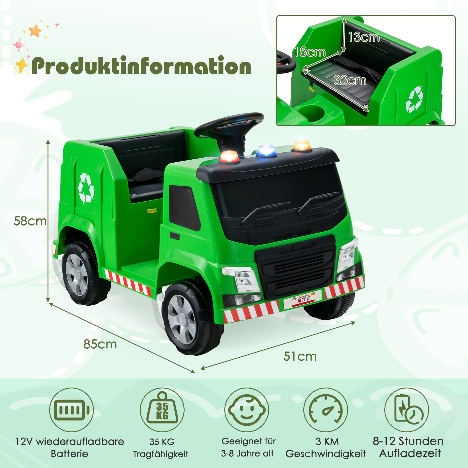inkl. 6 12V grün COSTWAY Elektro-Kinderauto Zubehör Müllwagen,