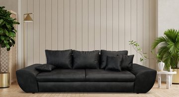 luma-home Big-Sofa 18010, mit Bettfunktion und Stauraum 275 cm breit, Wellenunterfederung, Mikrofaser, Leder-Optik, Vintage Schwarz