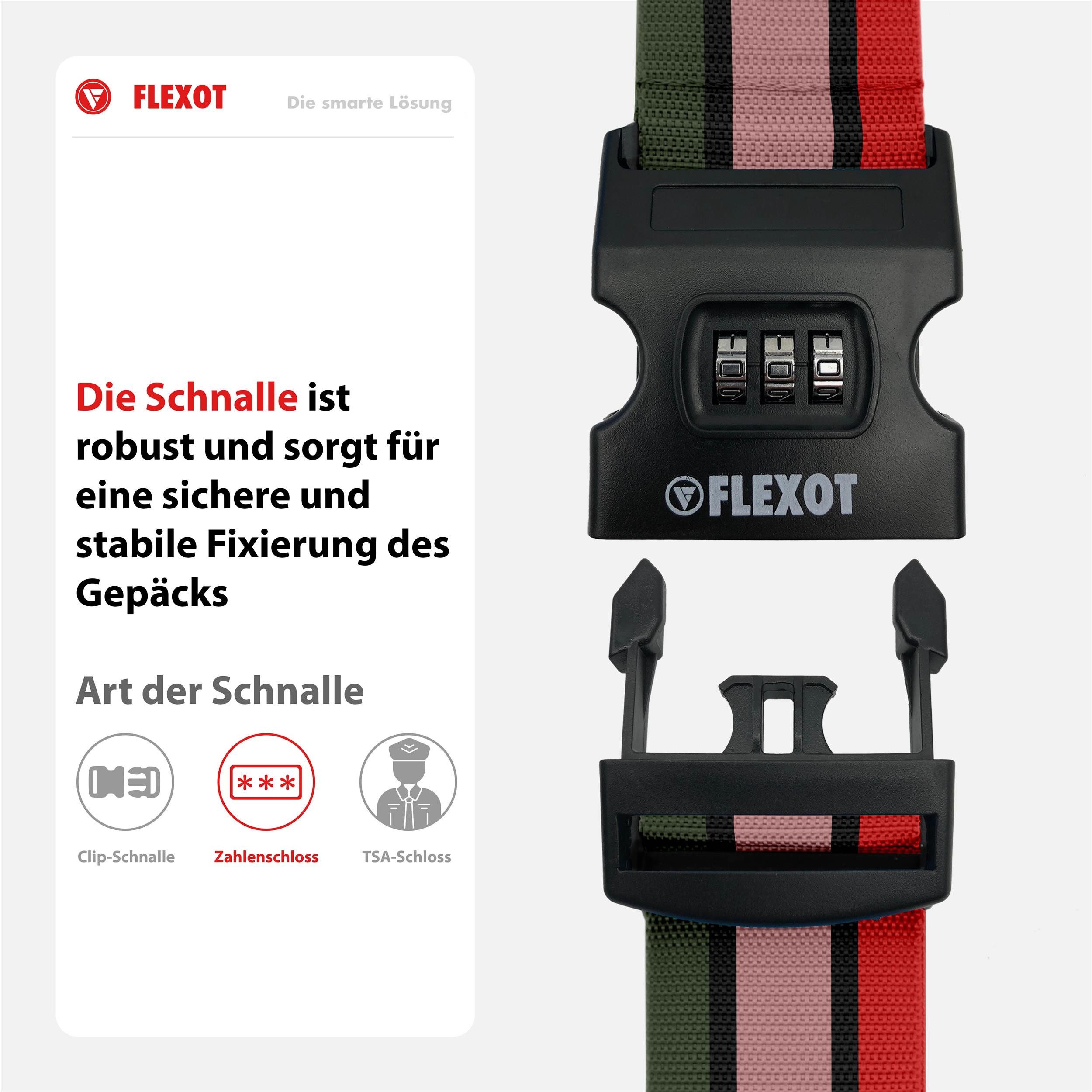 Flexot Koffergurt Koffergurt mit Zahlenschloss, verstellbare Länge, Namensschild, Flexibel anpassbarer und stabiler Gurt mit praktischer Schnalle