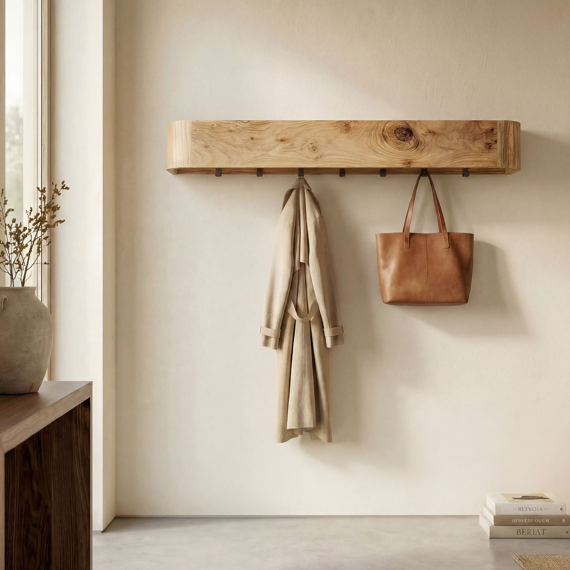 FINEBUY Wandgarderobe Garderobenpaneel 100cm Hängegarderobe Garderobe Flurgarderobe (Schönes Holzmöbel mit sieben Kleiderhaken), Rechteckiges Holzpaneel aus Akazie Massivholz