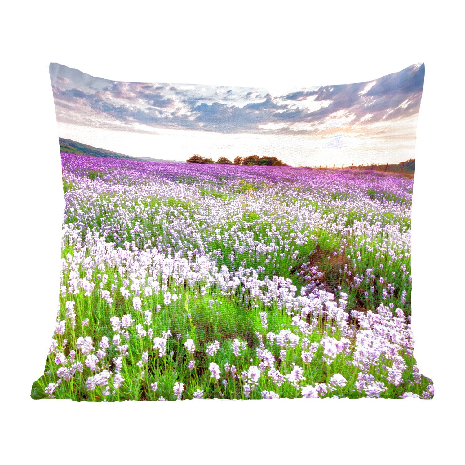 MuchoWow Dekokissen Blumen - Lavendel - Lila - Himmel - Sonnenuntergang - Wiese - Natur, Zierkissen mit Füllung für Wohzimmer, Schlafzimmer, Deko, Sofakissen