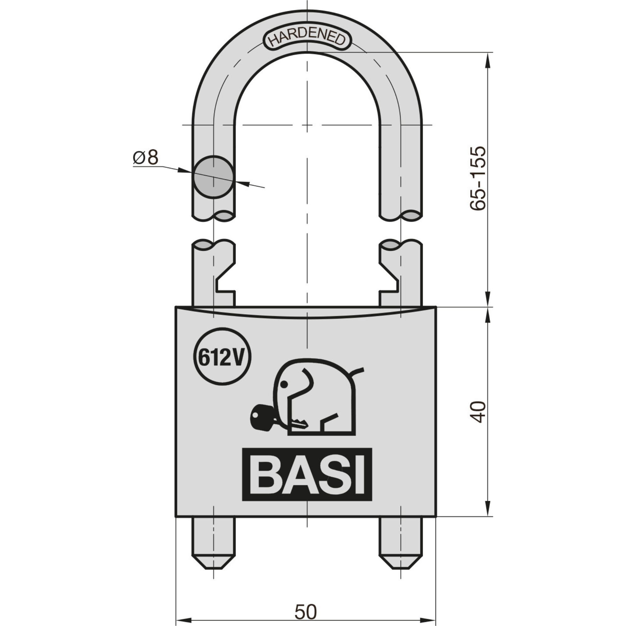 BASI Vorhängeschloss Vorhangschloss, (Packung, 1-tlg), variabel einstellbar, B50mm, Bügelhöhe 65-155mm, Messing, 2 Schlüssel