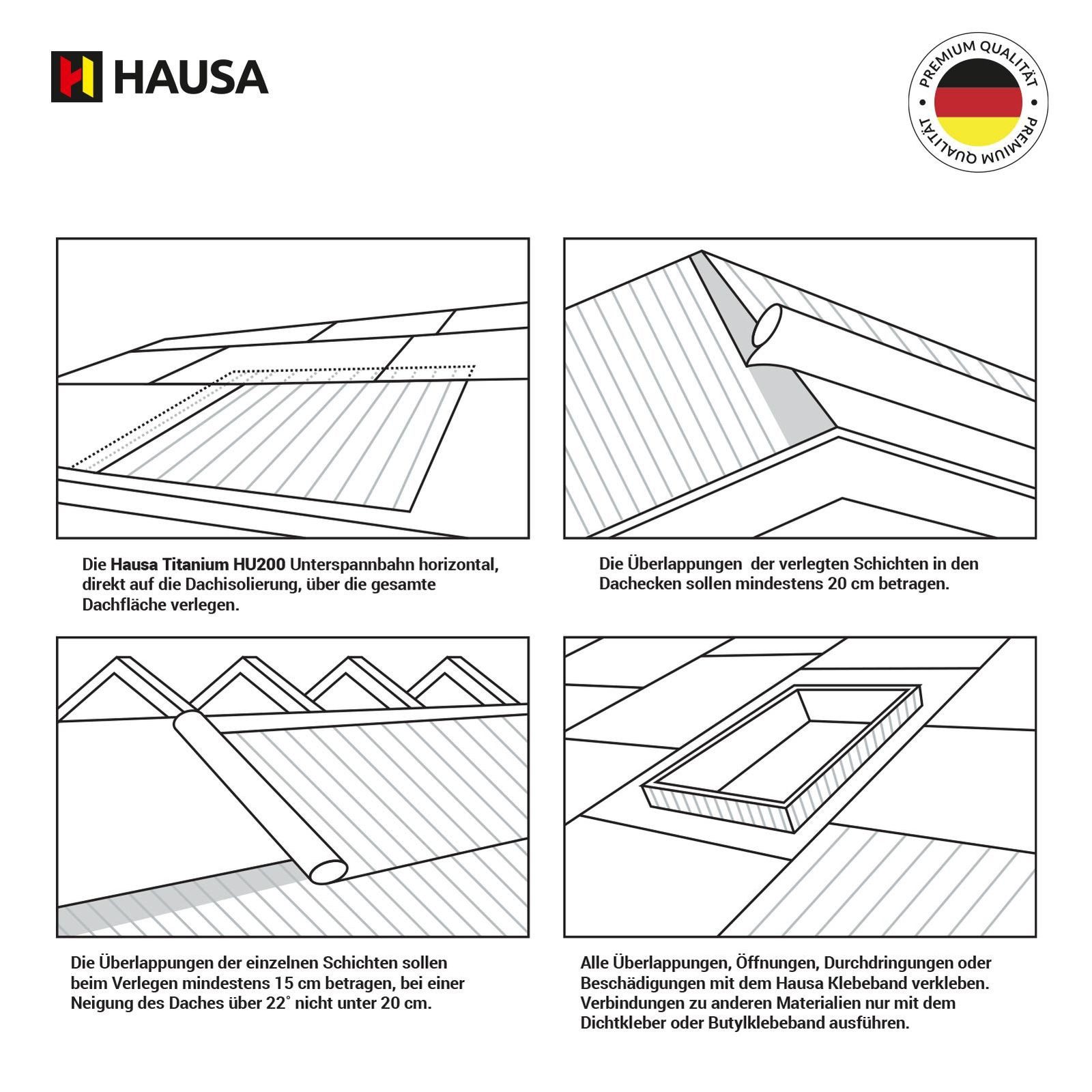 Hausa Dachbahn Unterspannbahn Titanium HU200, Ohne Selbstklebestreifen, 75 m² pro Paket, (200g/m², 1-St., 1,5m x 50m), flexible dreilagige hochdiffusionsoffene Unterdeckbahn