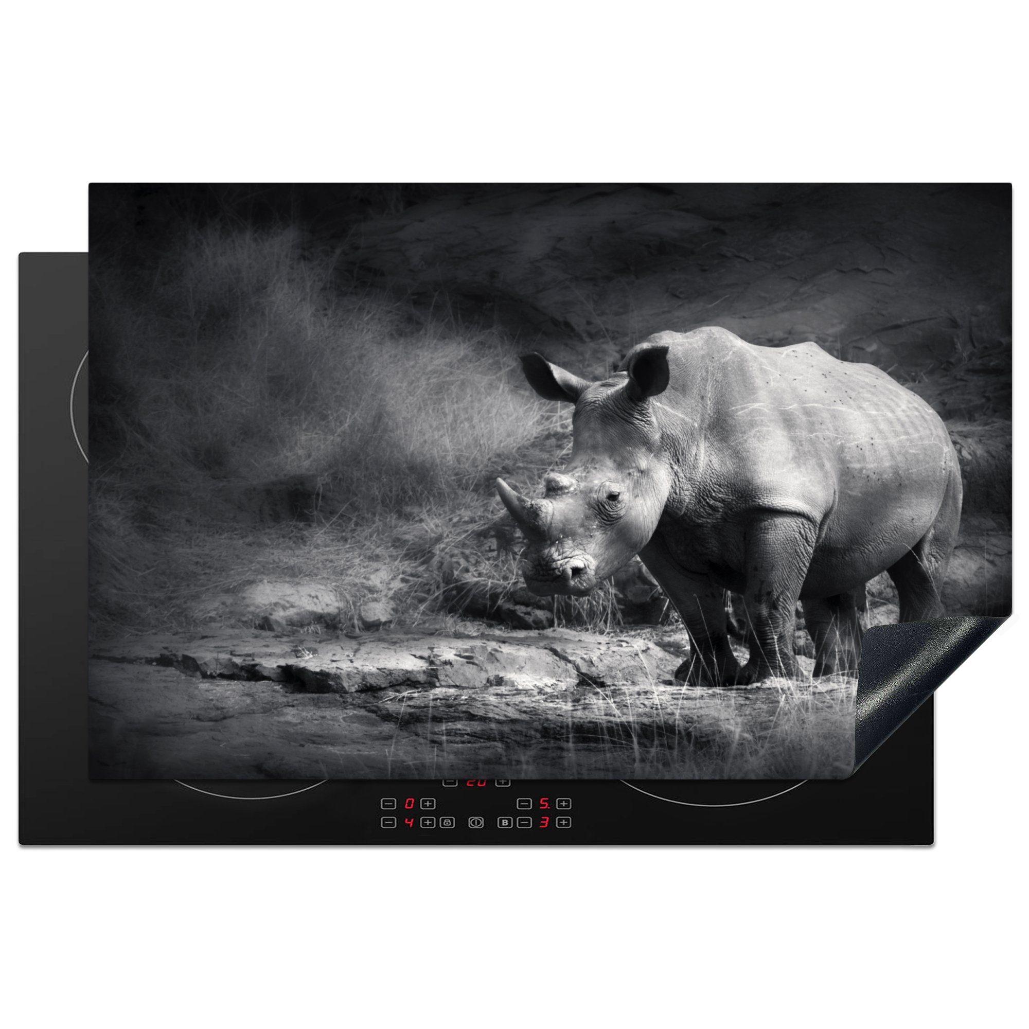 MuchoWow Herdblende-/Abdeckplatte Rhinozeros - Natur - Gras - Schwarz - Weiß, Vinyl, (1 tlg), 81x52 cm, Ceranfeldabdeckung, Arbeitsplatte für küche
