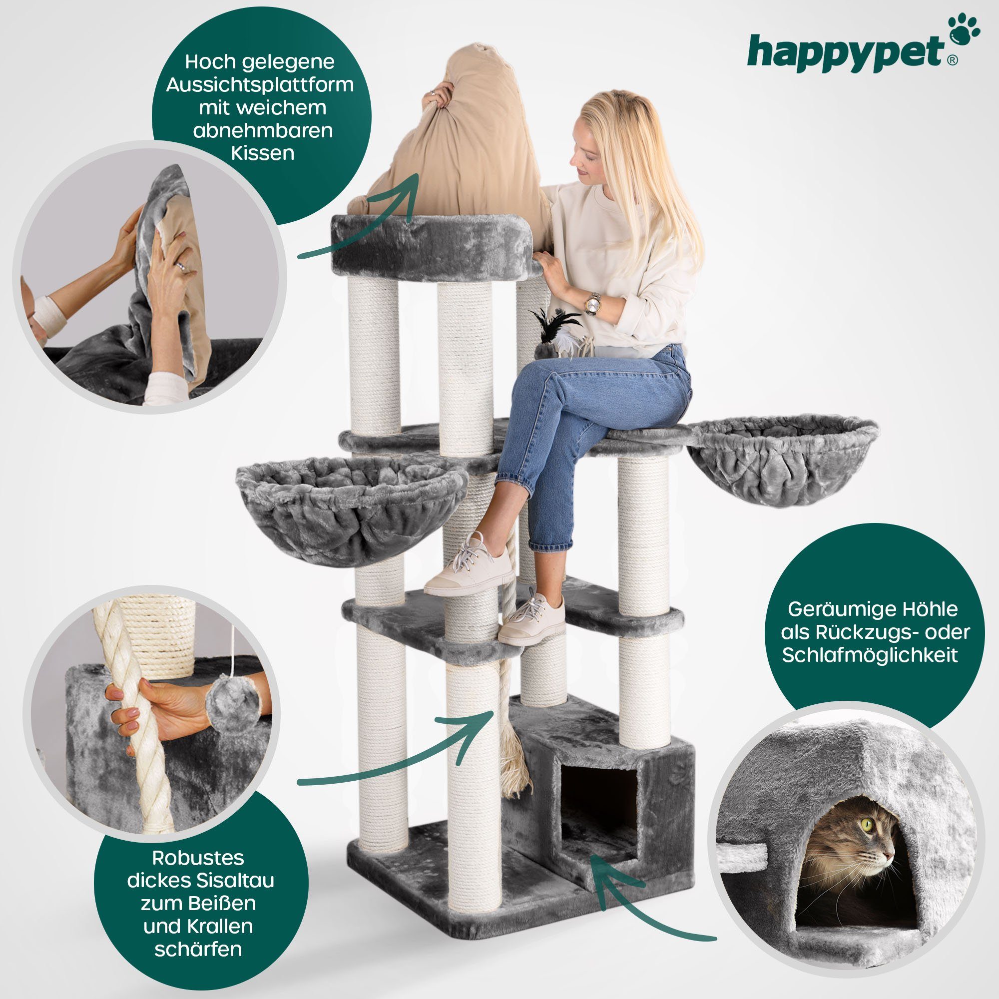 Happypet Kratzbaum OSCAR, 161 cm hoch, 12 cm Dicke Stämme für schwere Katzen, 600g Plüsch