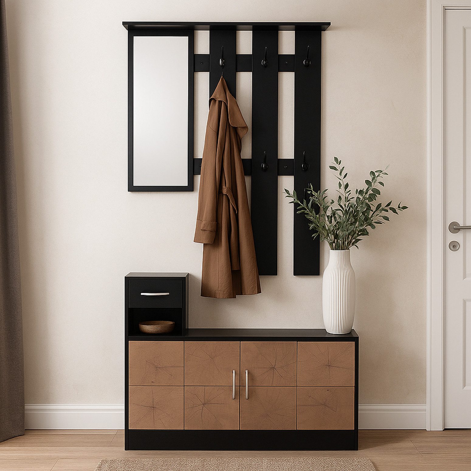 HTI-Living Garderobe Garderobenpaneel mit Spiegel und Schuhschrank Dana Schwarz-Baumscheibe (Set, 2 St)