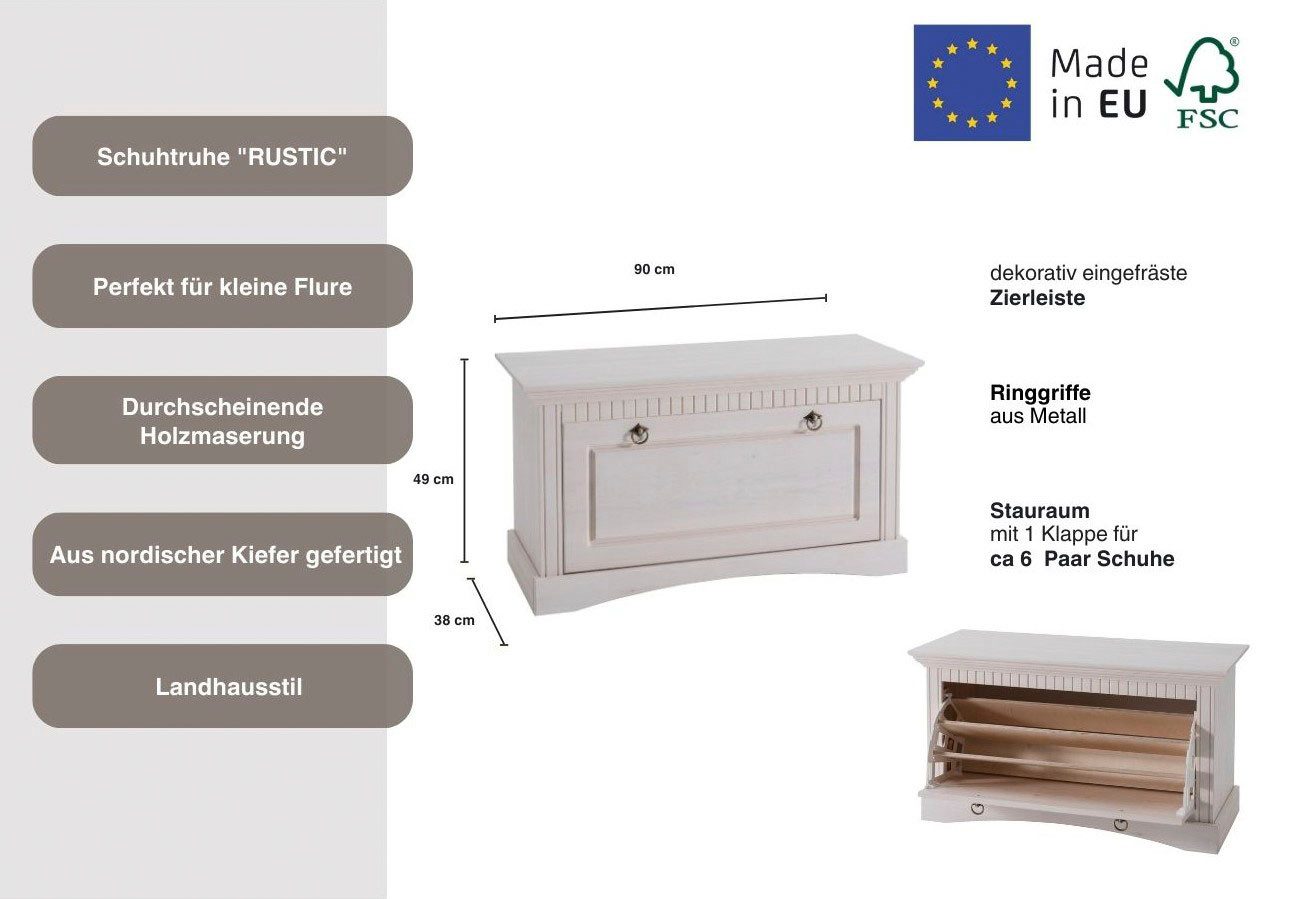 OTTO home Schuhtruhe Rustic, aus massiver Kiefer, Sitzhöhe 49 cm, mit Kassettenoptik