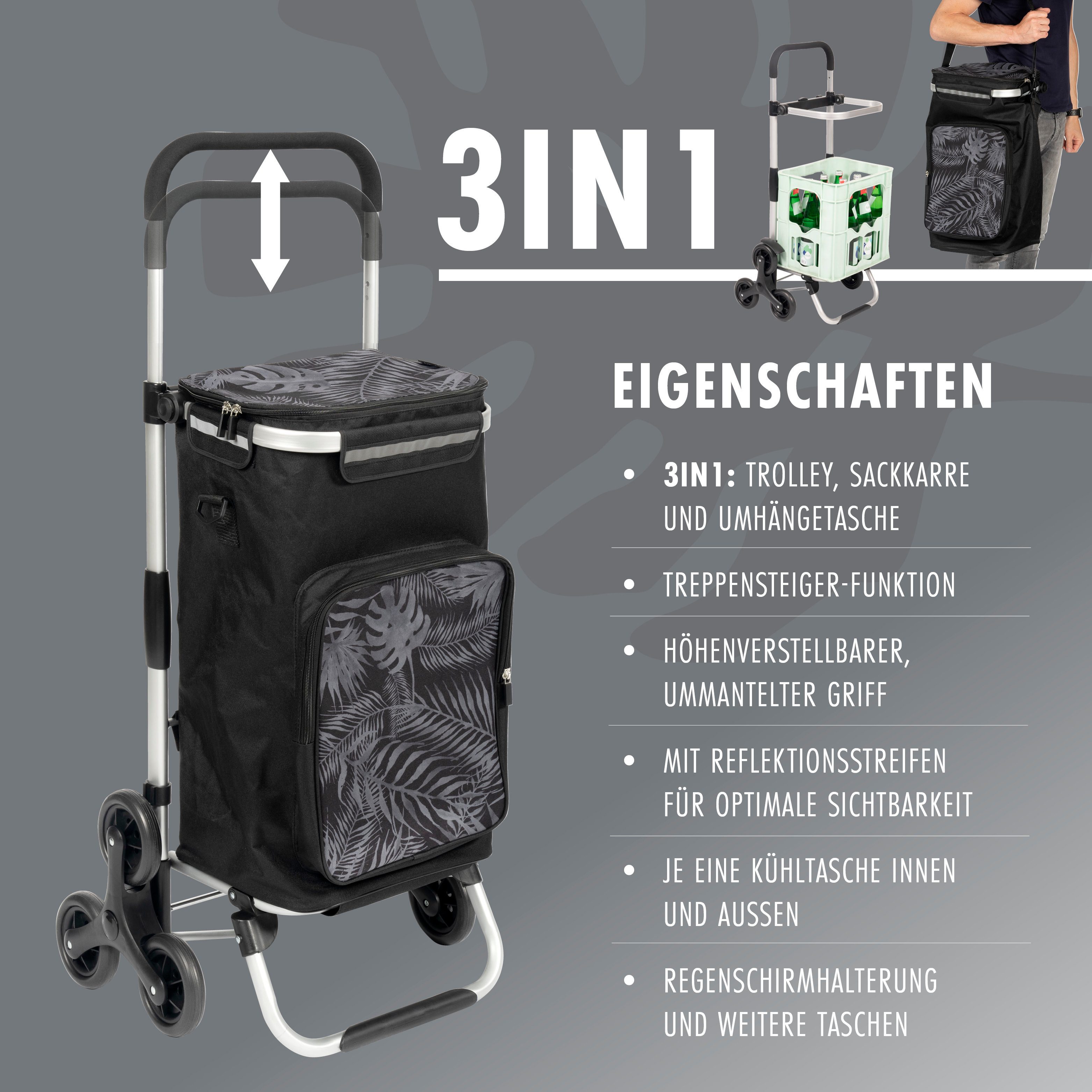 eluno Einkaufstrolley OKEL, Treppensteiger inkl. Kühlfach, schwarz
