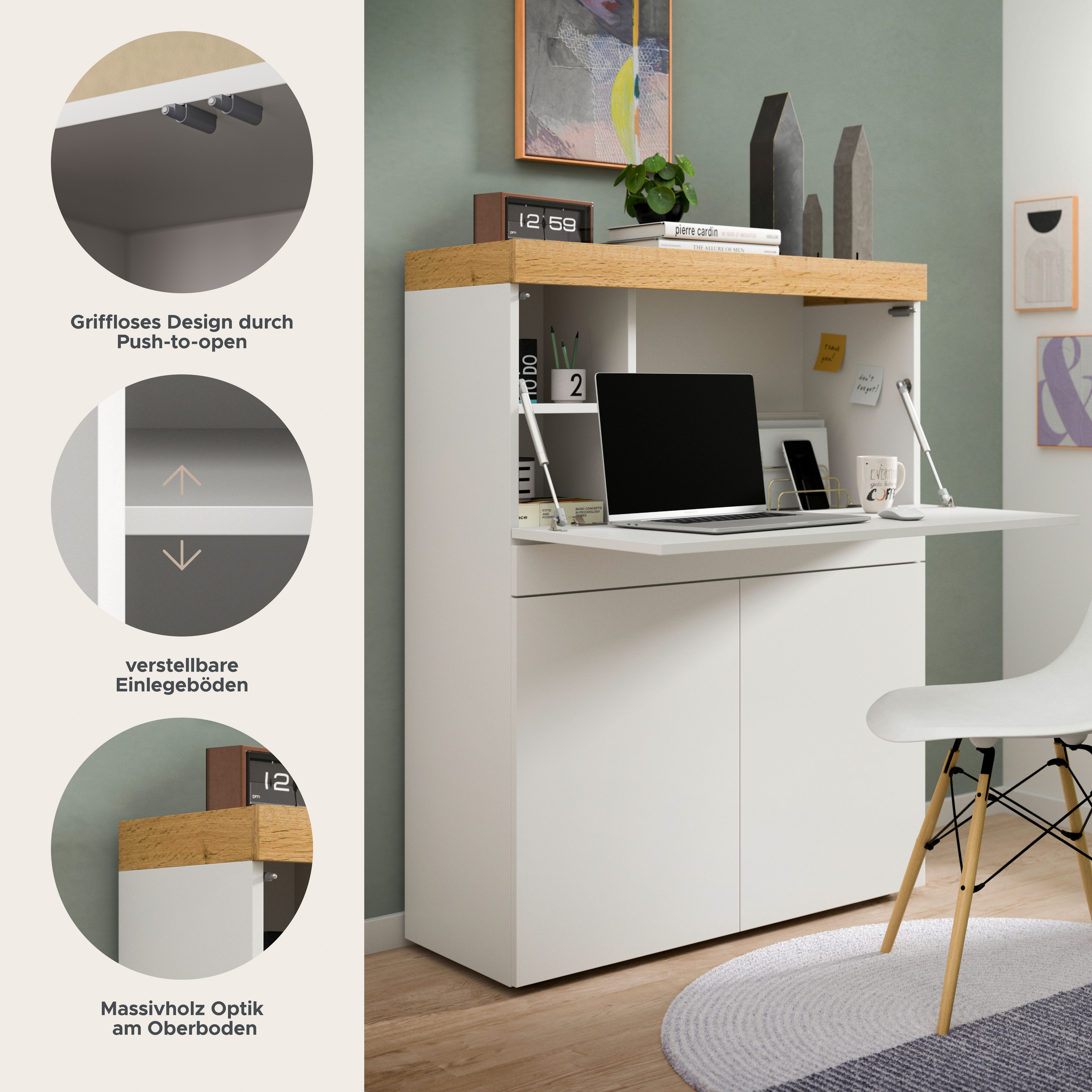 OTTO home Sekretär MAMBO, Höhe 122cm, Home-Office-Schreibtisch, PC-Schrank (2 Türen, 1Klappe, 7 Fächer, 1 Schubkasten, 3 höhenverstellbare Böden), Multifunktional mit viel Stauraum, klappbare Tischfläche