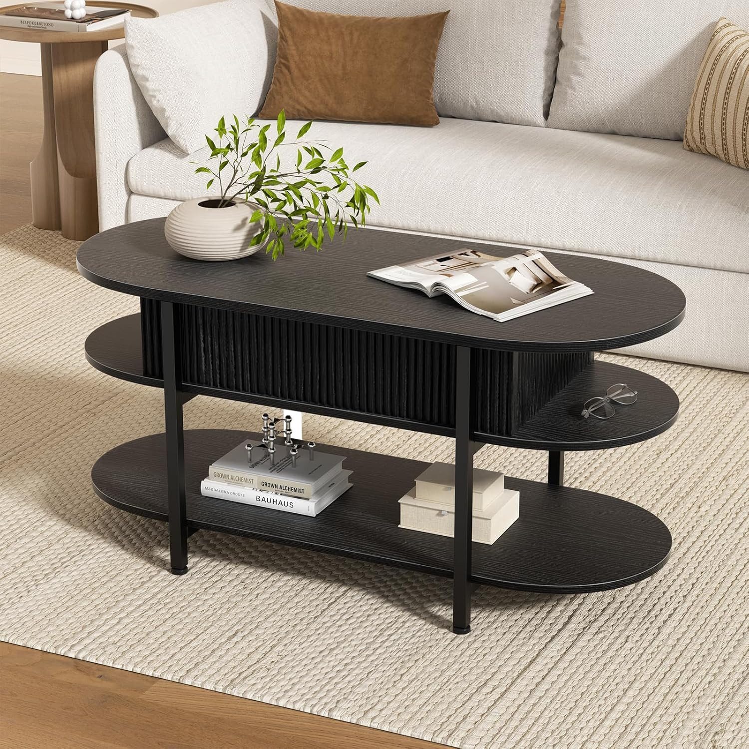 FABATO Couchtisch oval, höhenverstellbar mit verstecktem Stauraum, 3-Etagen-Design (1-St), 105.9×45×50-63.5cm, schwarz