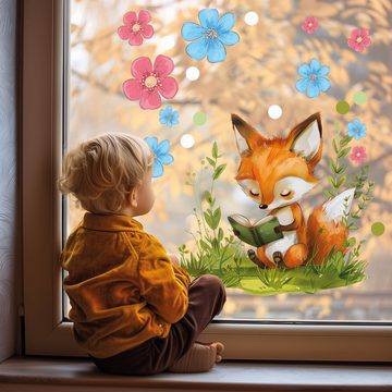 Sunnywall Fensterdekoration wiederverwendbares Fensterbild Buch lesender Fuchs im Blumenmeer, wiederverwendbar, statisch haftend, beidseitiger Druck, nachhaltig