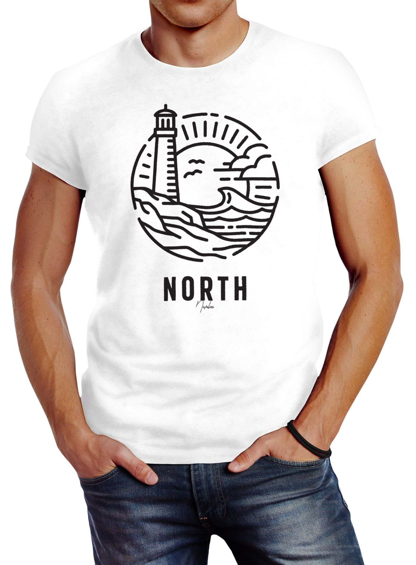 Logo Leuchtturm weiß Print Neverless® North Outline maritim Aufdruck Neverless Herren T-Shirt Slim Welle Fit Print-Shirt Art mit