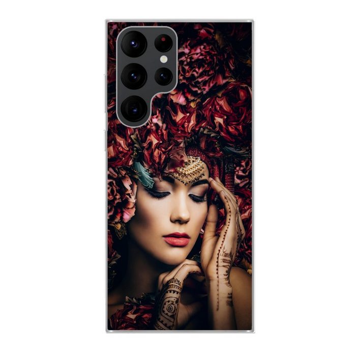 MuchoWow Handyhülle Frau - Blumen - Henna - Porträt Phone Case Handyhülle Samsung Galaxy S22 Ultra Silikon Schutzhülle