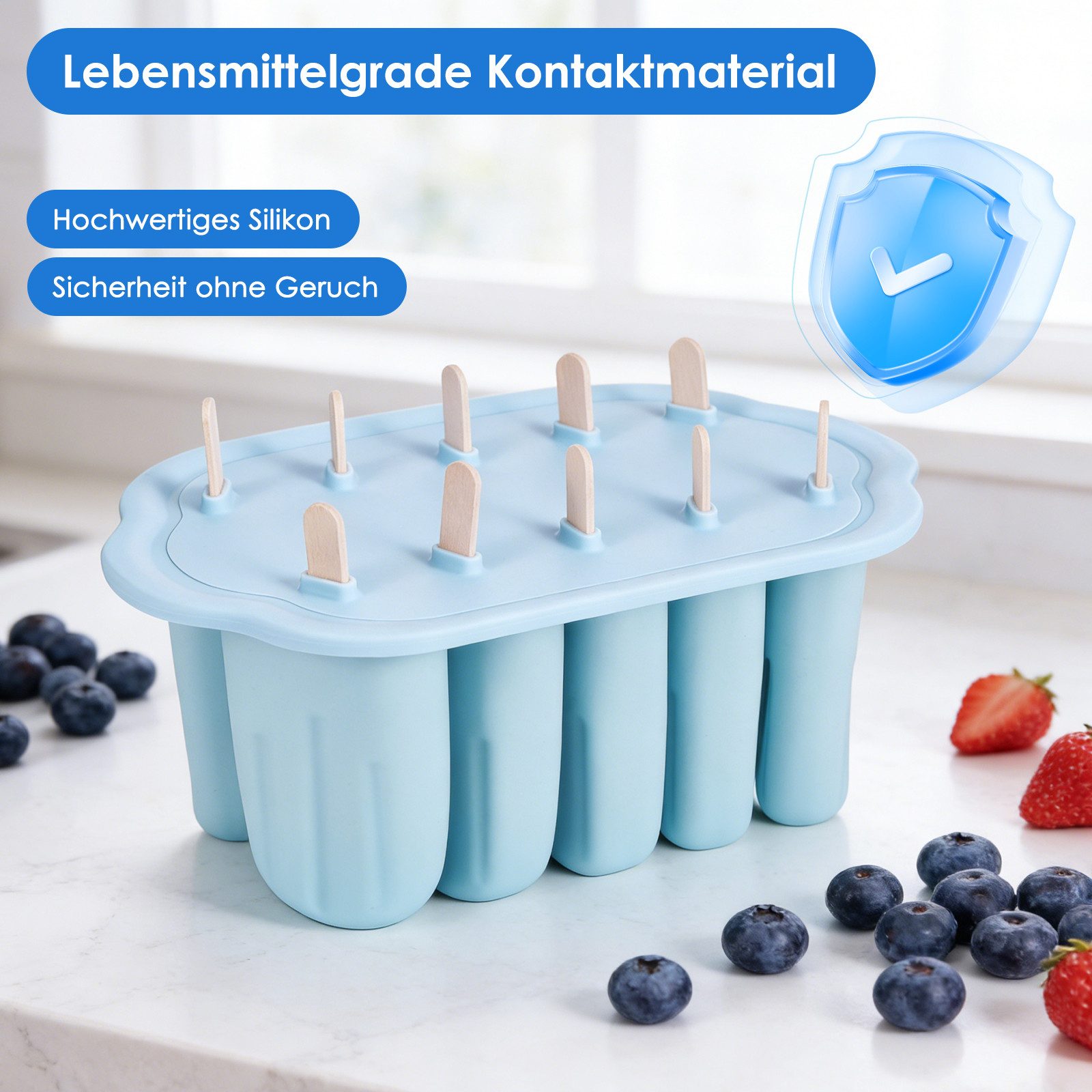 BlingBin Eisform 10 Hohlräume Eisformen Silikon, Eis Am Stiel Formen für Kinder, (1er Set 1-tlg), DIY Popsicle Formen mit 50 Stäbchen für Kinder & Erwachsene