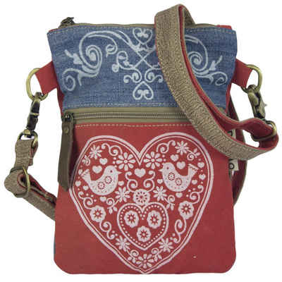 Domelo Umhängetasche kleine Trachtentasche mit Herz Aufdruck, Oktoberfest Tasche aus recycelten Jeans, rote Dirndltasche mit abnehmbarem Henkel